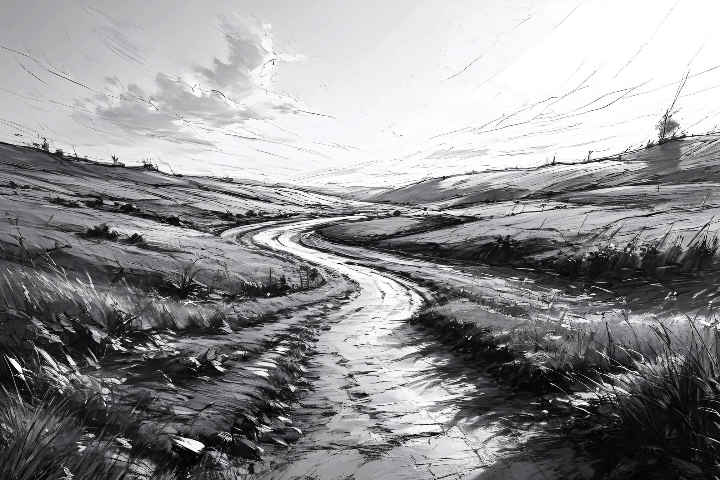 Winding Country Road in Black and White - Free Download - AI Scribbles