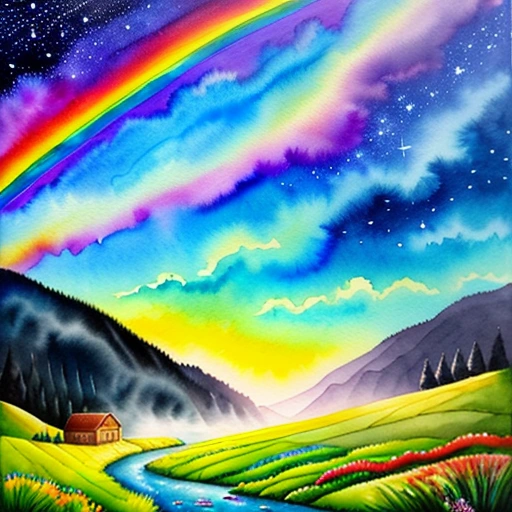 a painting of a rainbow over a mountain and a river