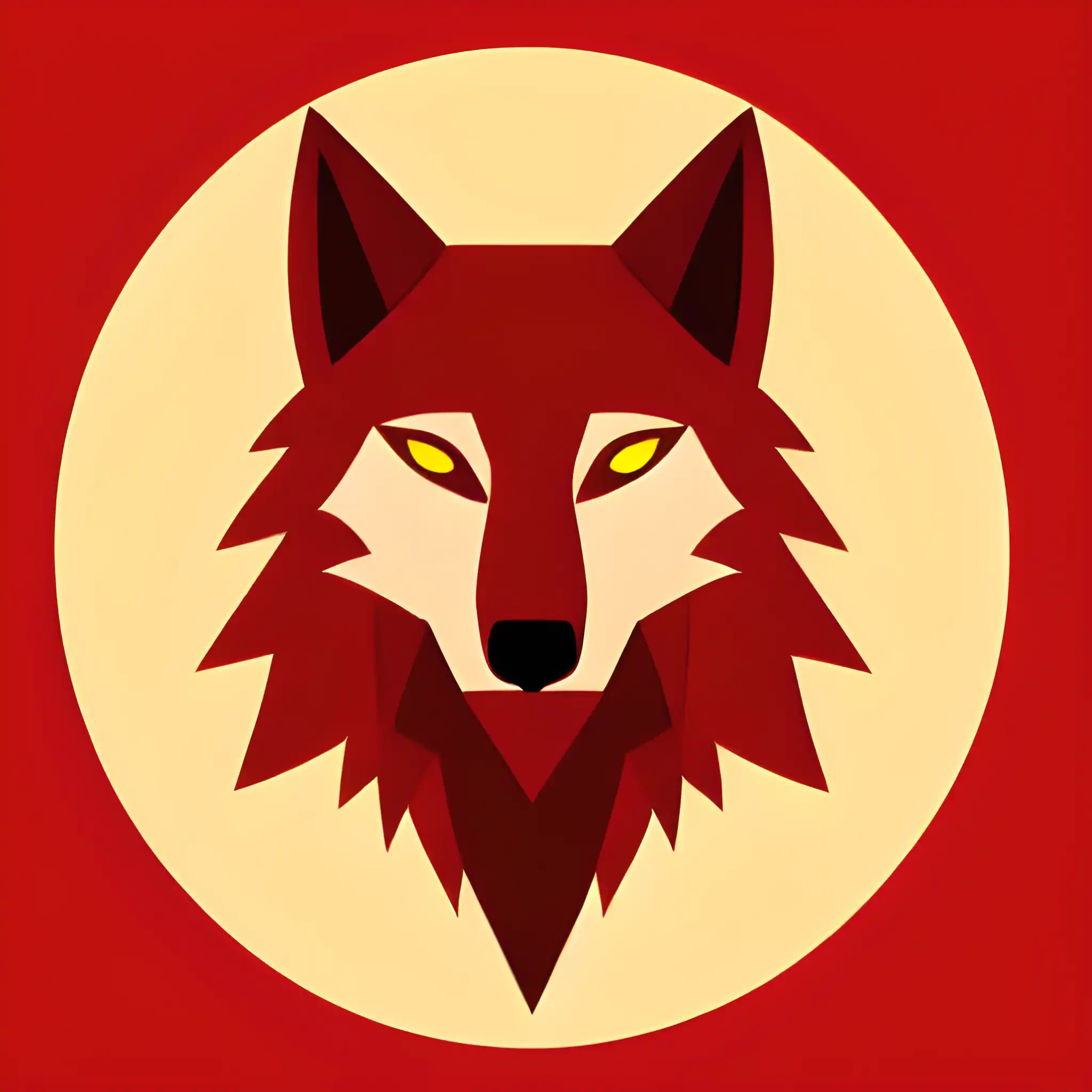 a red and yellow picture of a wolf with yellow eyes