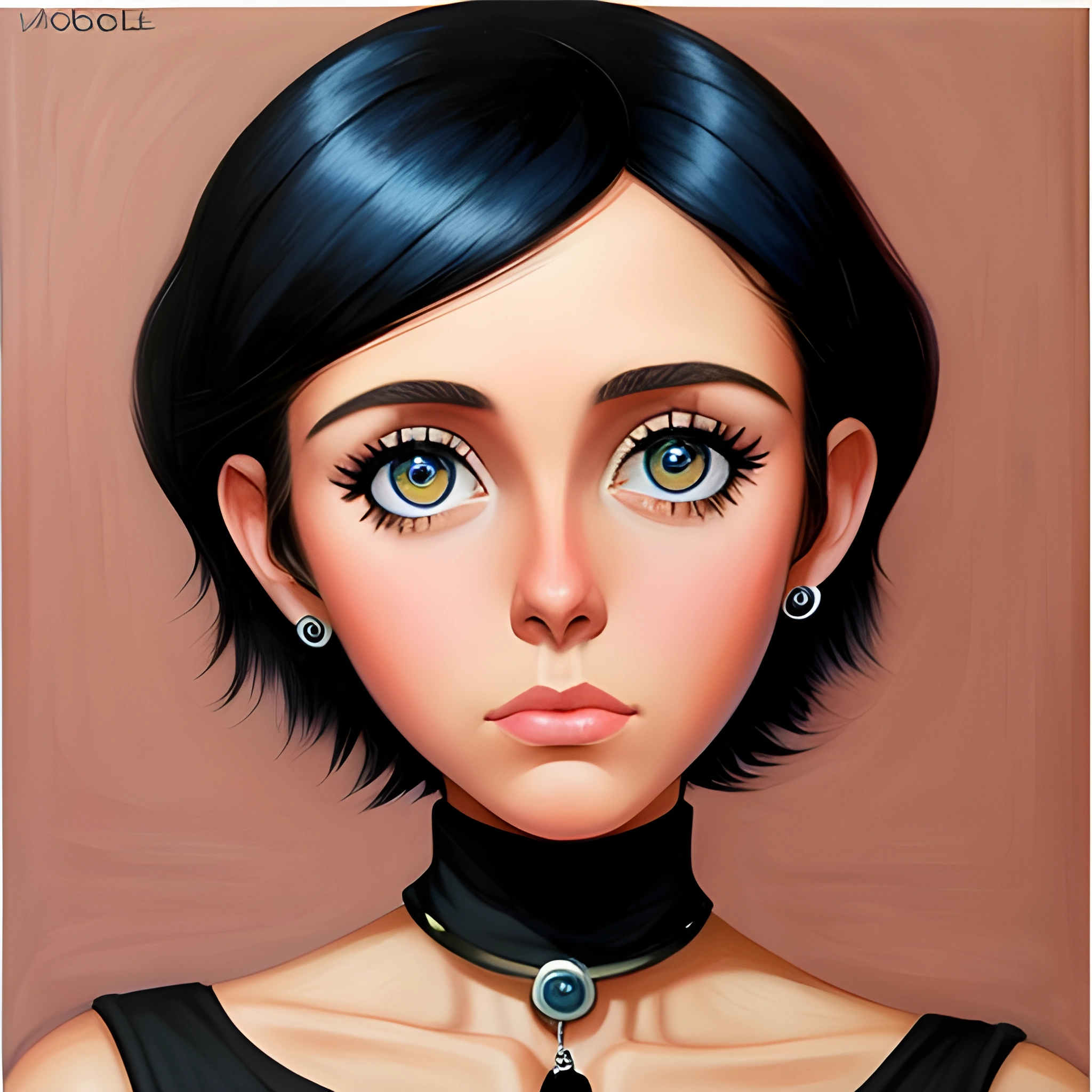 cartoon girl with black hair and blue eyes wearing a choke