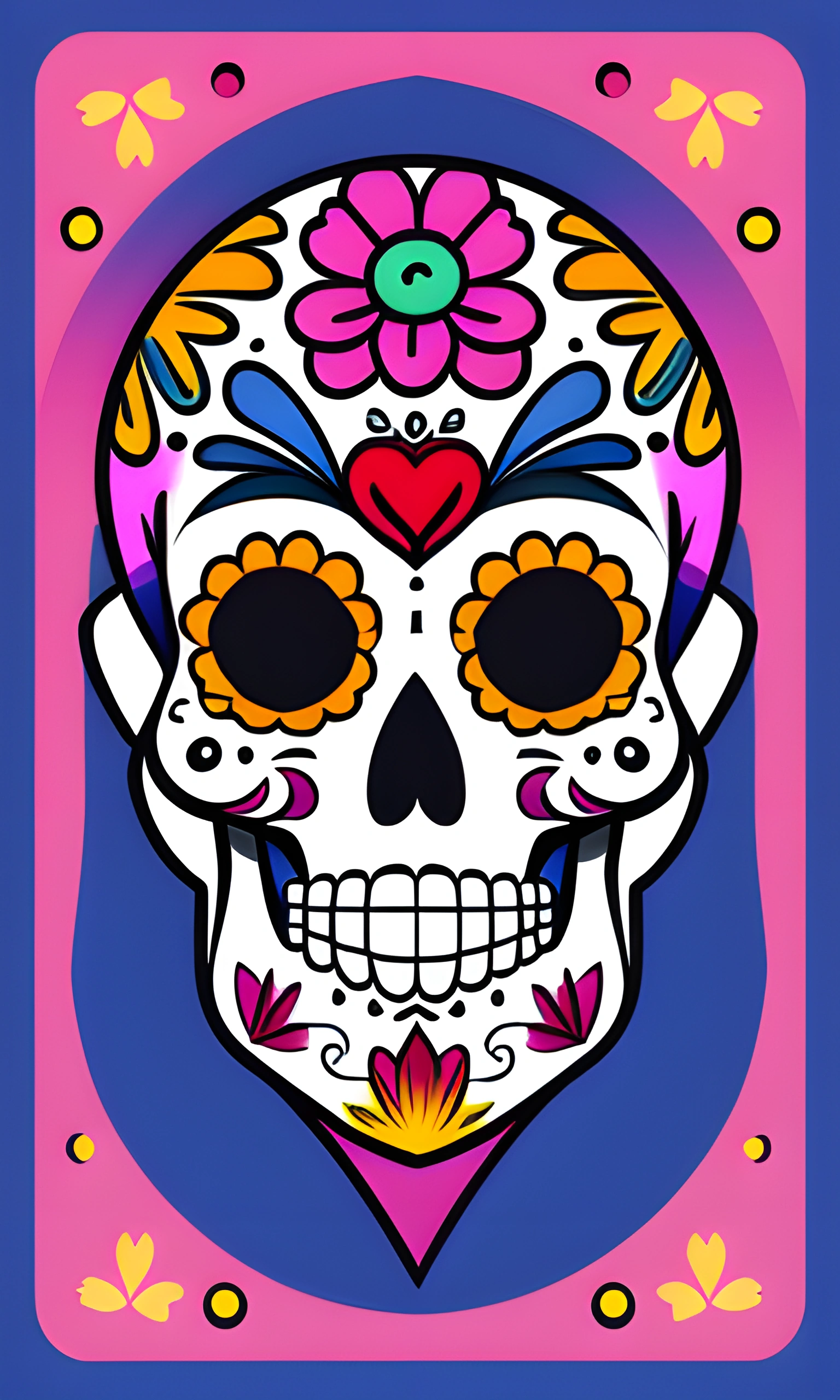 brightly colored sugar skull with flowers and hearts on it