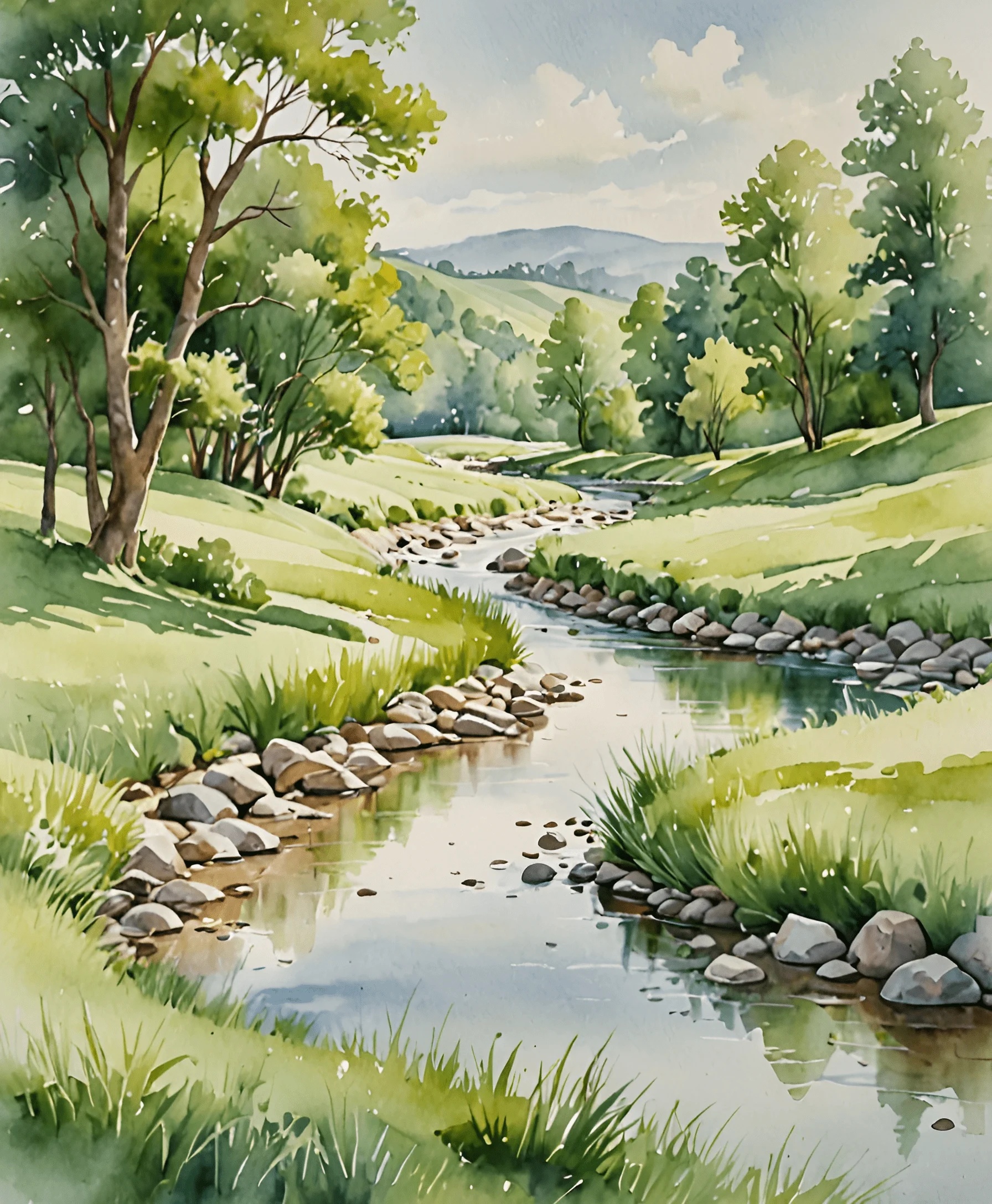 Watercolour Stream Lush Watercolor Landscape with Stream - Free Download - AI Scribbles