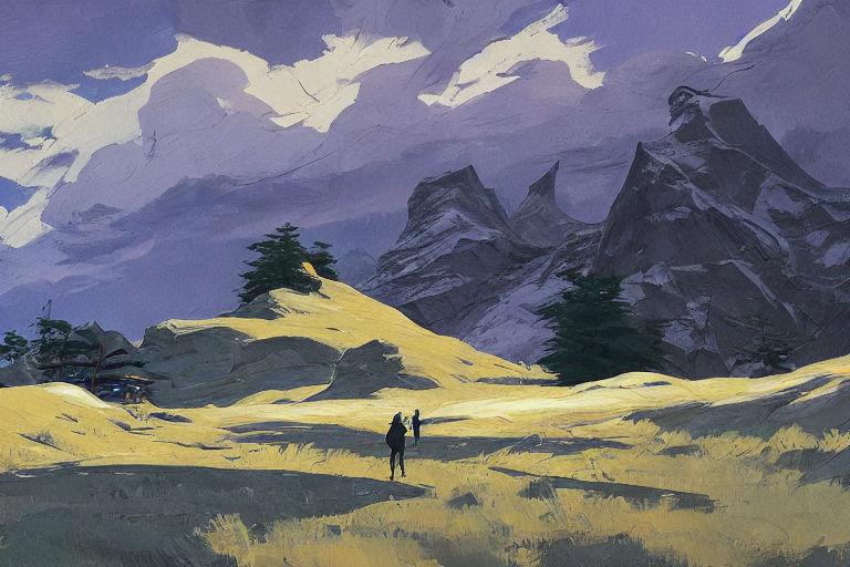 painting of two people walking in a field with mountains in the background