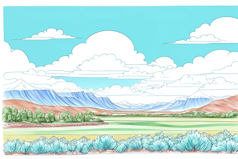 a drawing of a landscape with mountains and trees