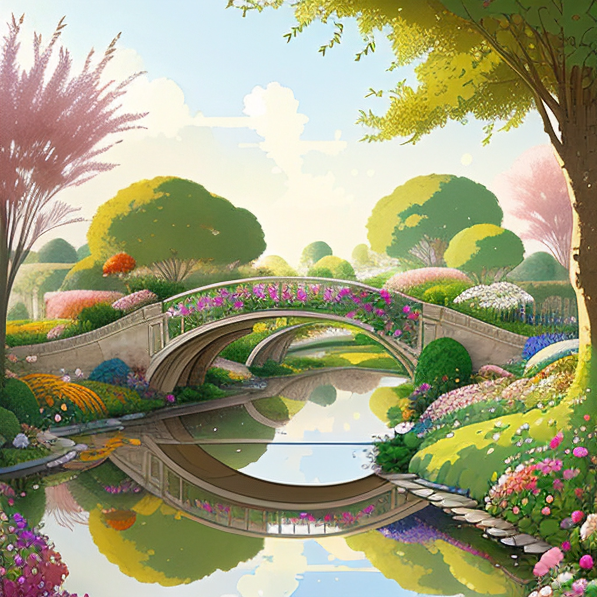 a painting of a bridge over a river in a park