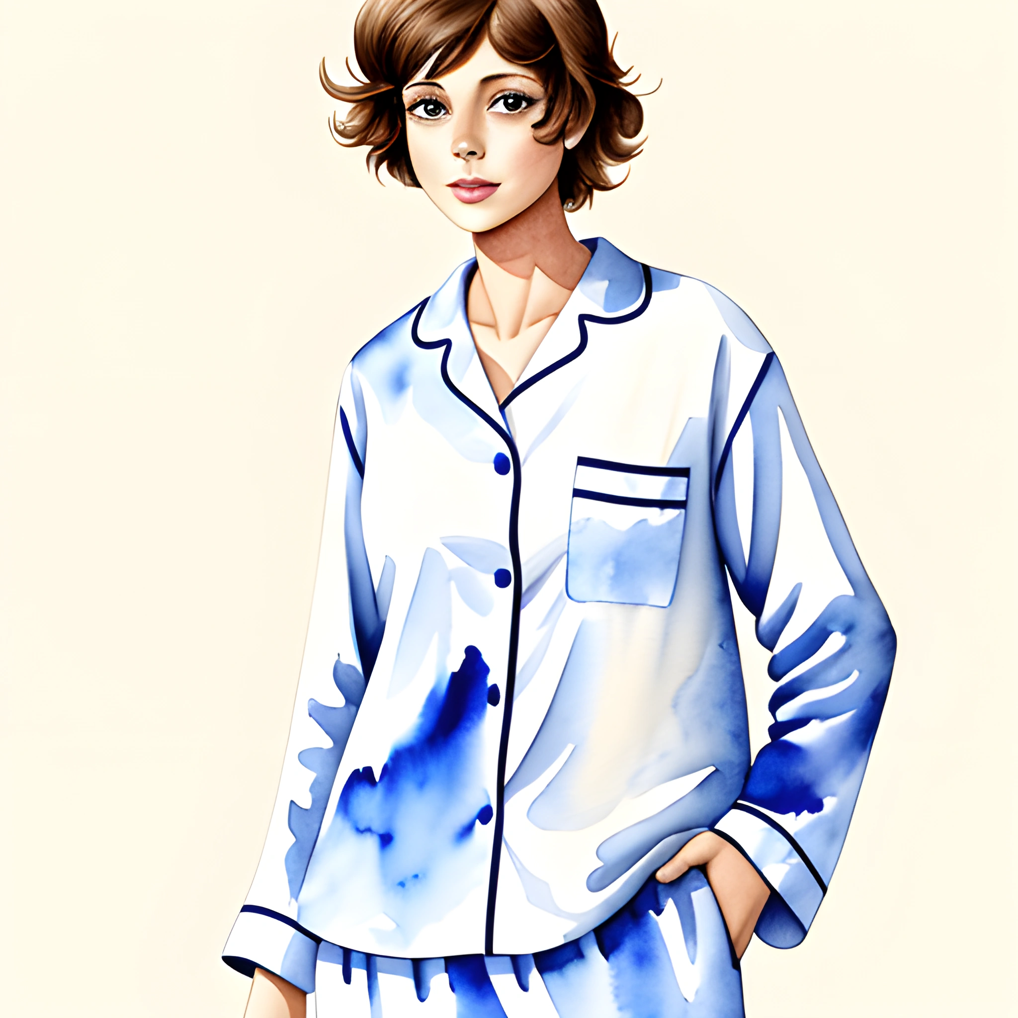 a woman in a blue and white pajamas posing for a picture