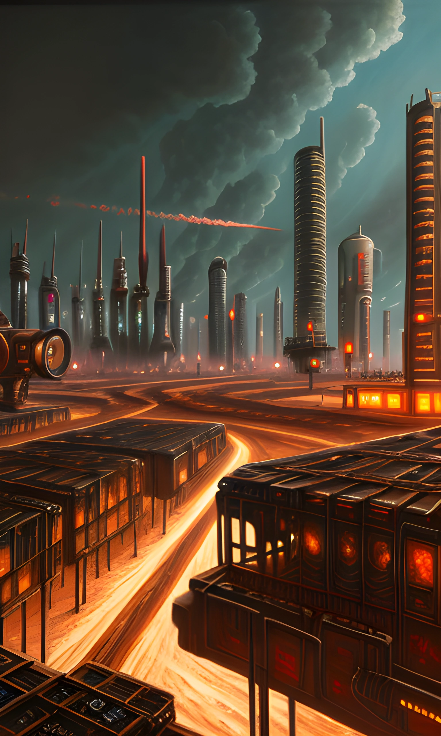 futuristic city with a train and a helicopter flying over it