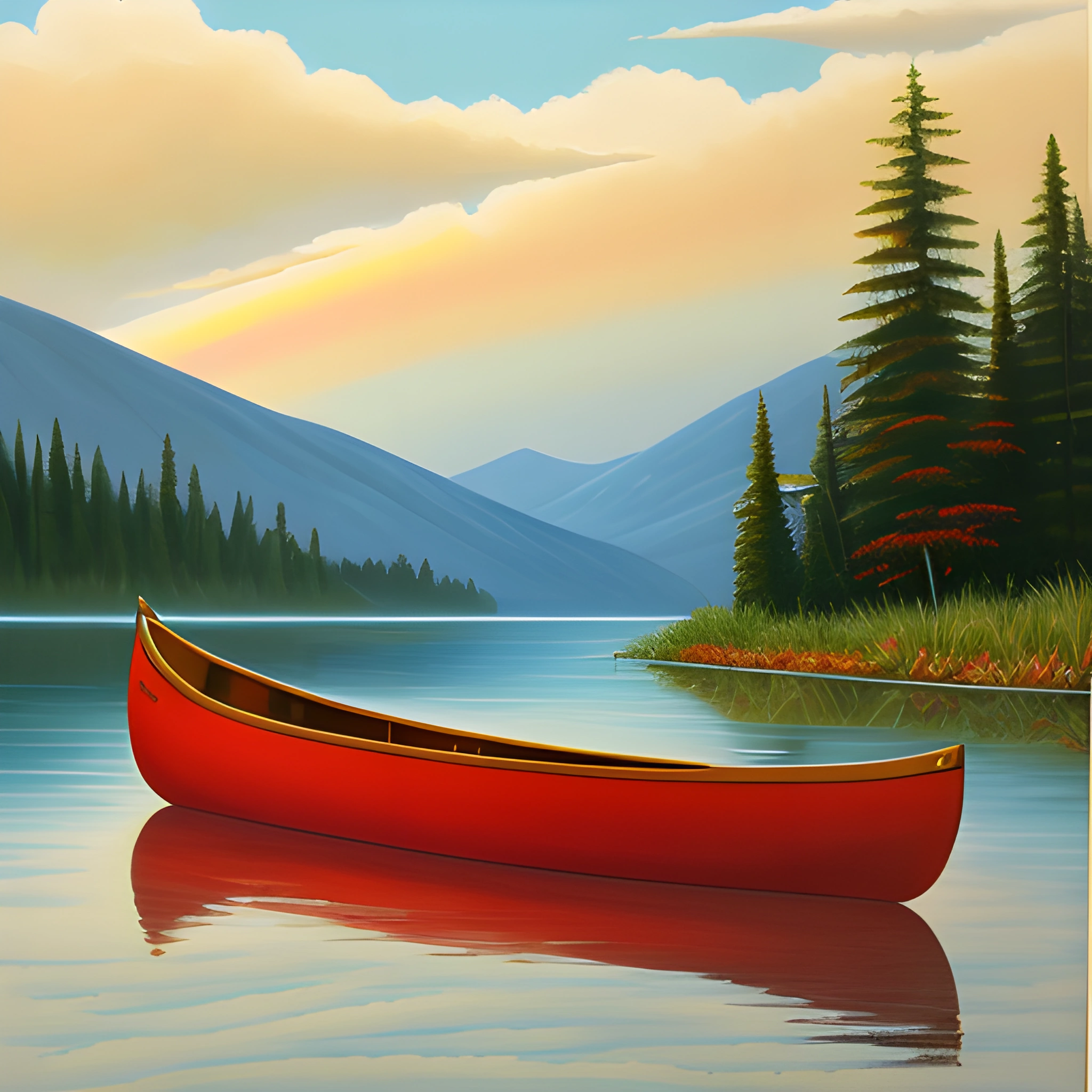painting of a red canoe on a lake with mountains in the background