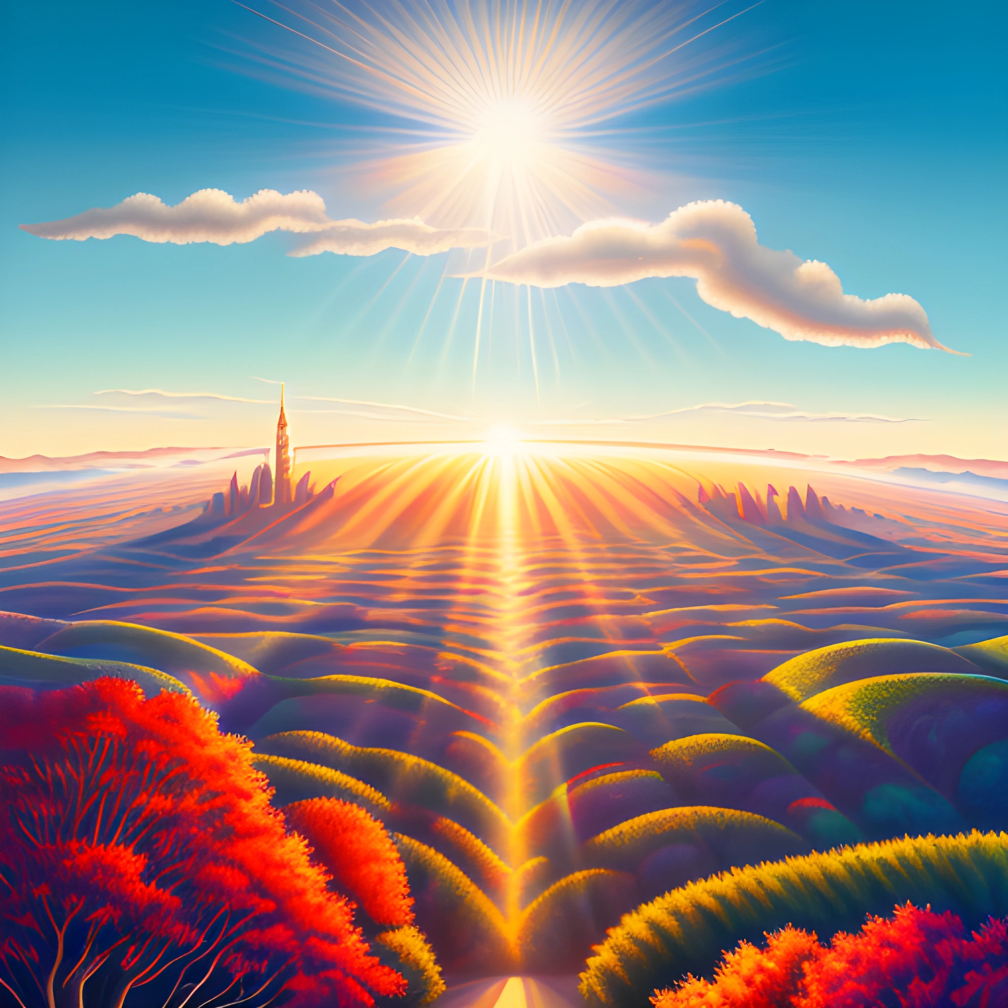 painting of a sun setting over a valley with trees and hills