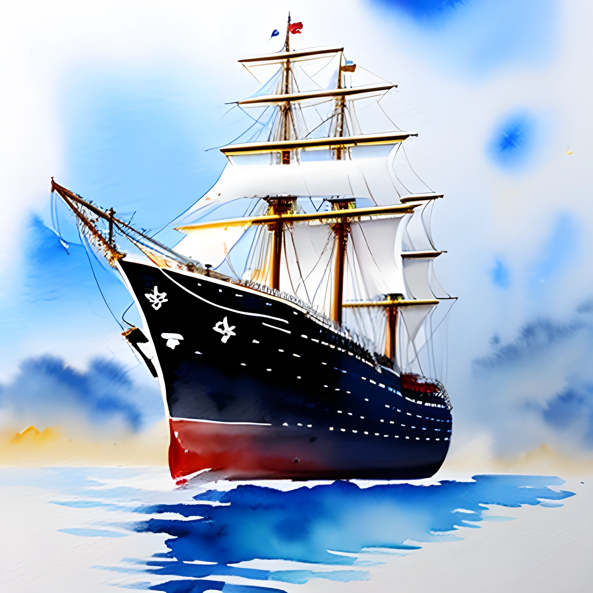 painting of a large ship in the water with a sky background
