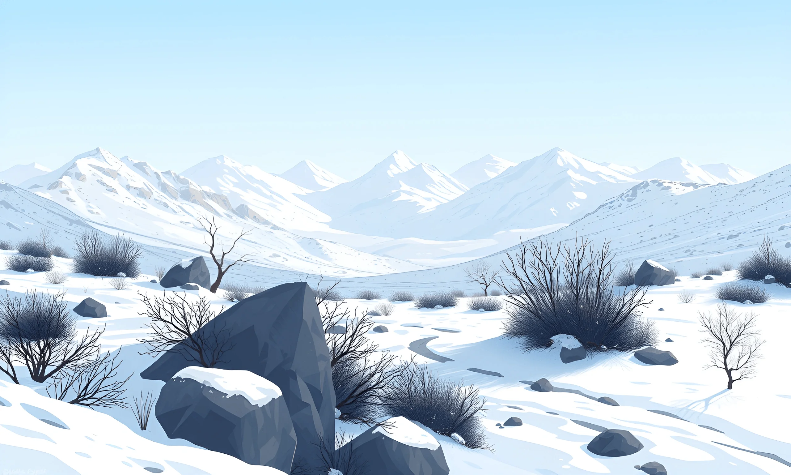 Snow Landscape With Rocks Snowy Mountain Landscape With Rocks And Bare Shrubs - Free Download ...
