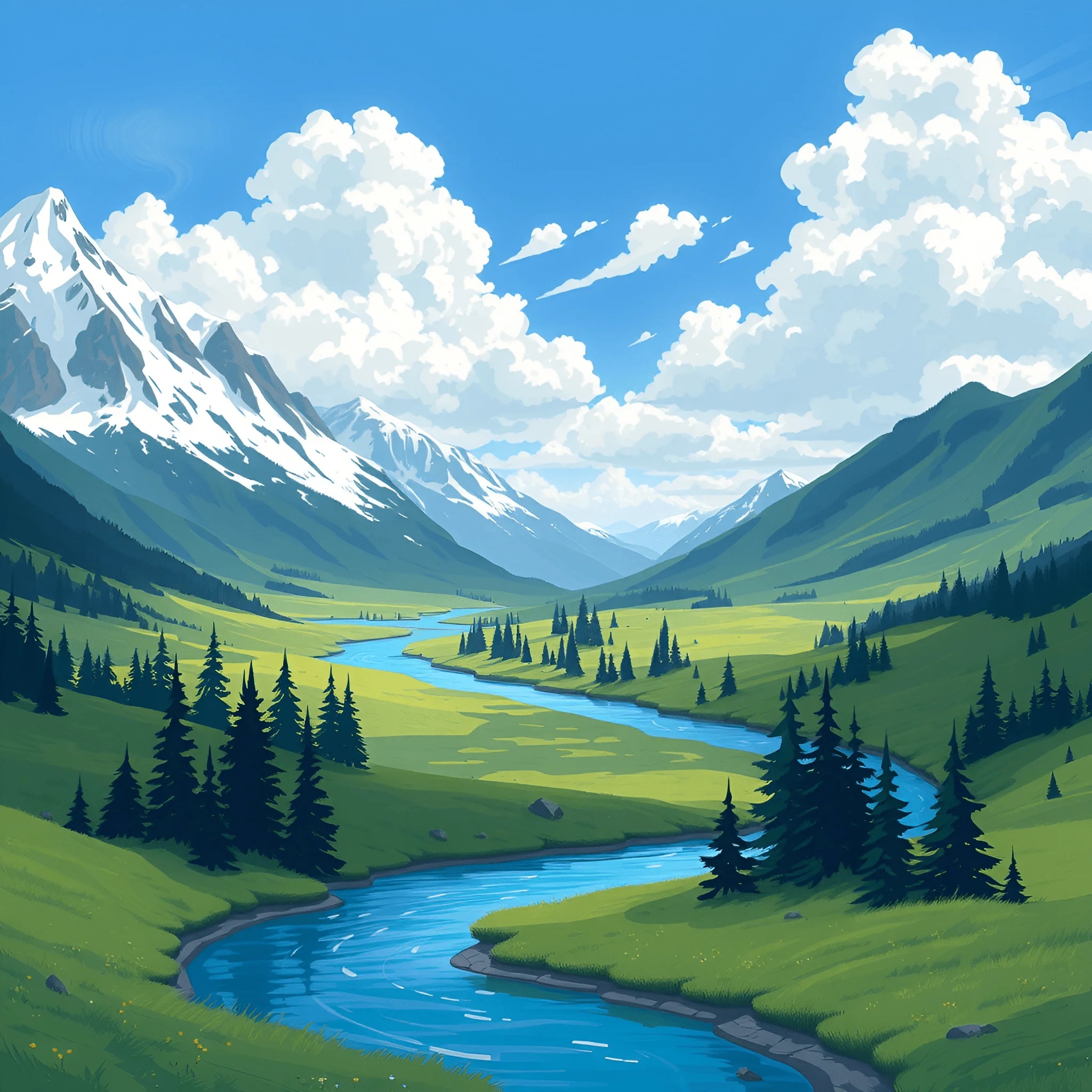 Mountain Valley with Meandering River and Pine Trees - Free Download ...