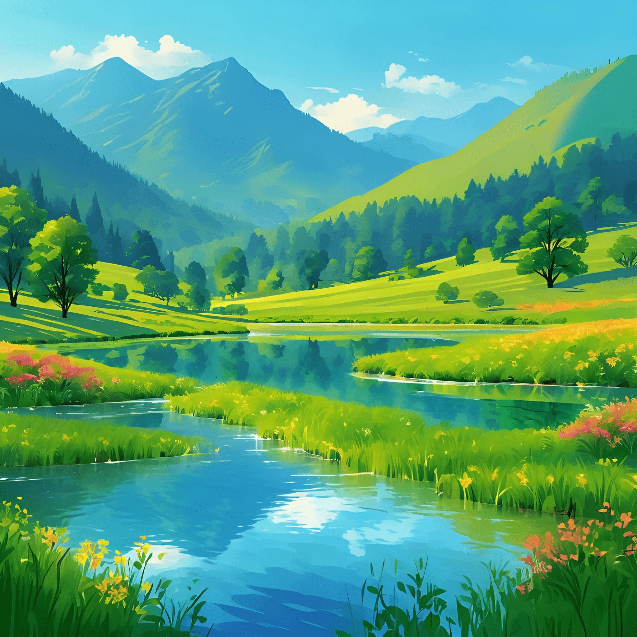 Reflective Rivers Lush Green Valley with Reflective River - Free Download - AI Scribbles