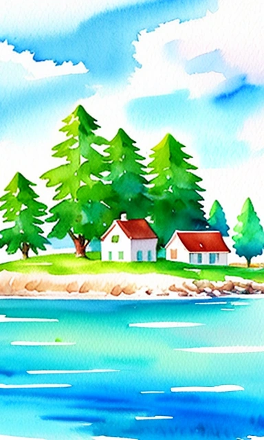 painting of a house on a small island with trees on the shore