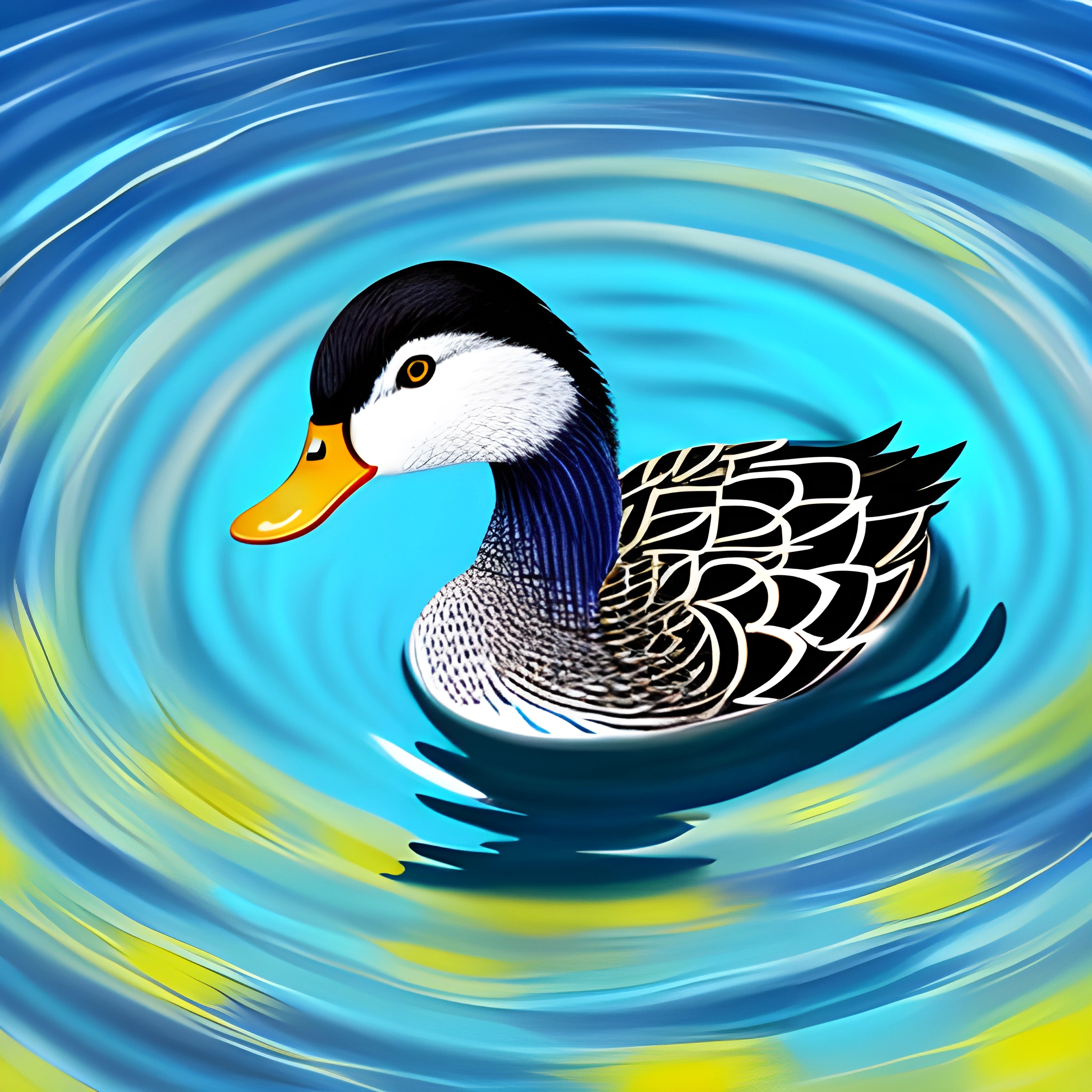 a duck that is floating in the water with a blue background