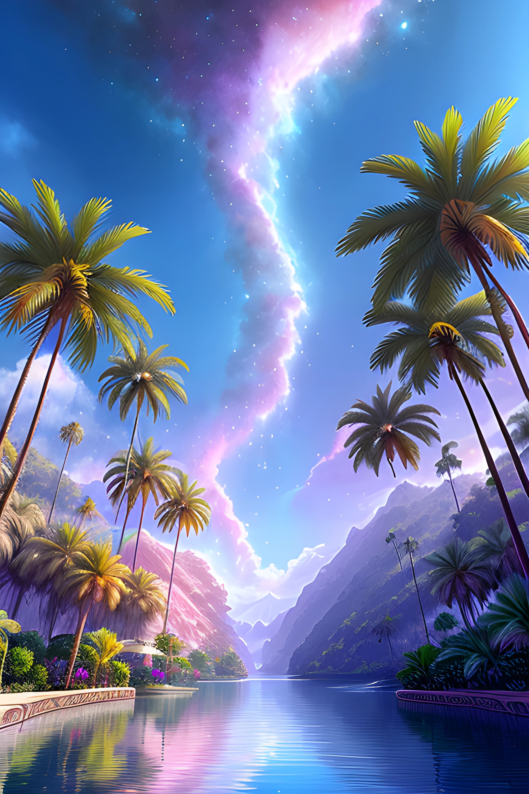 a painting of a tropical island with palm trees
