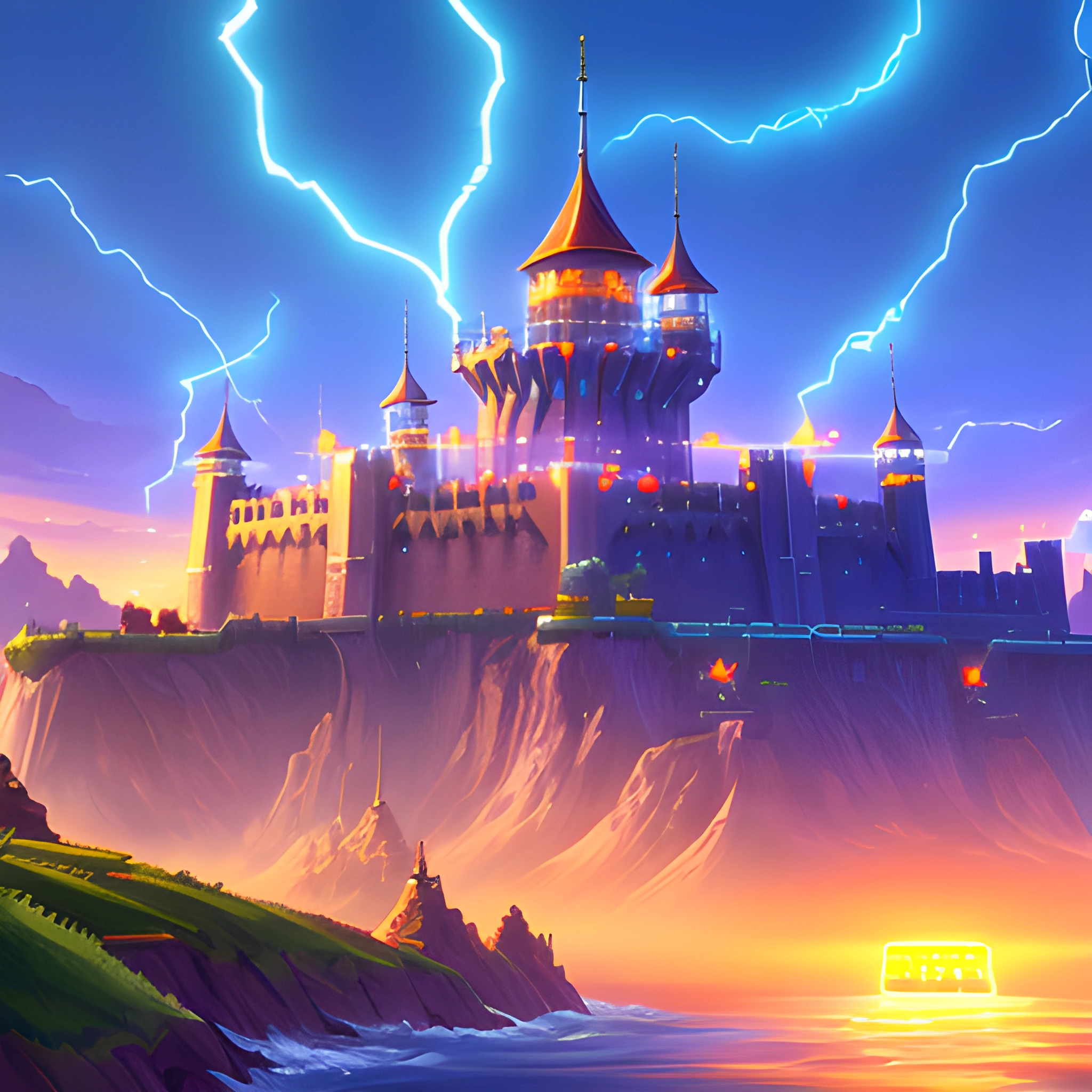 a castle on a hill with lightning coming out of it