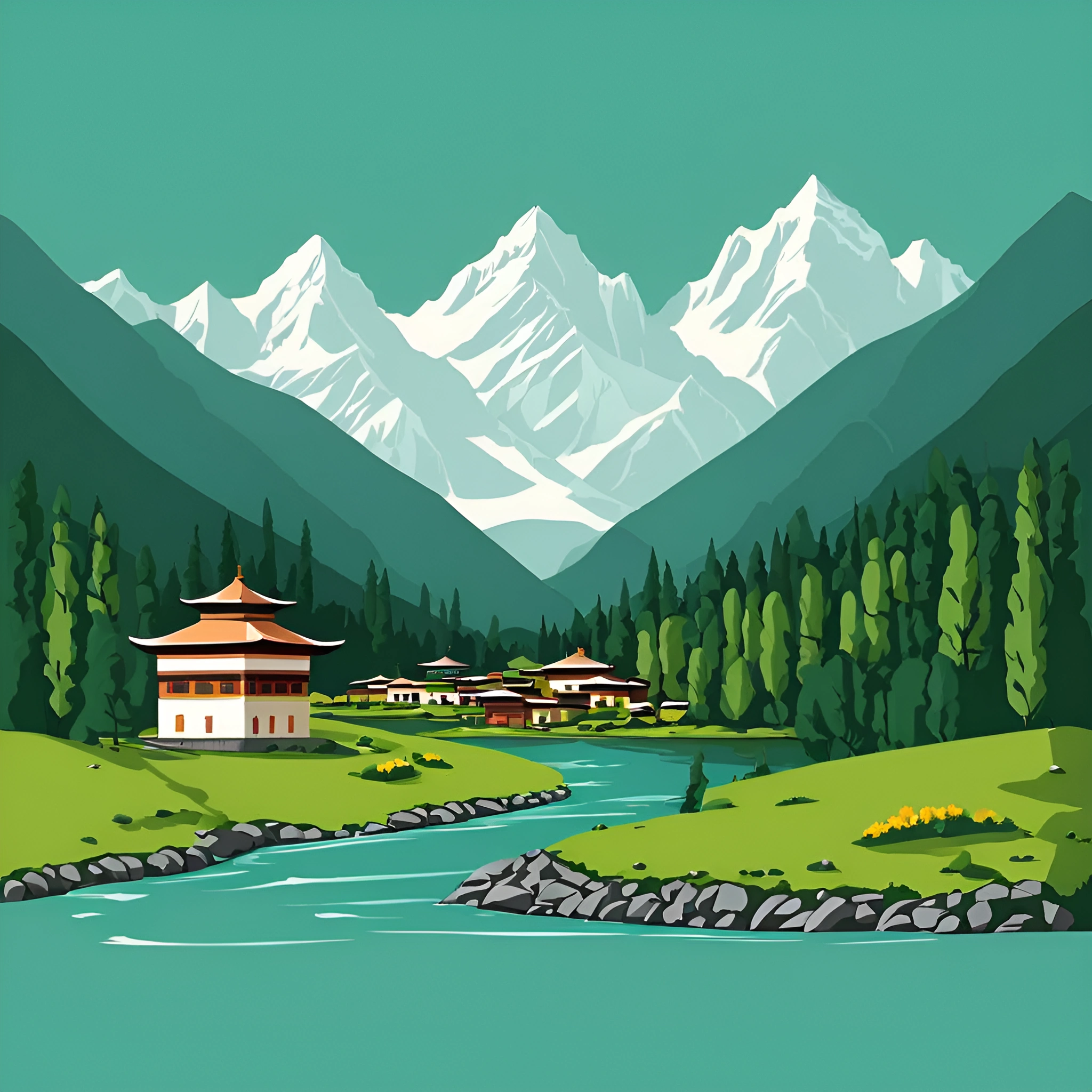 Mountain Village Landscape With River And Pine Trees - Free Download ...