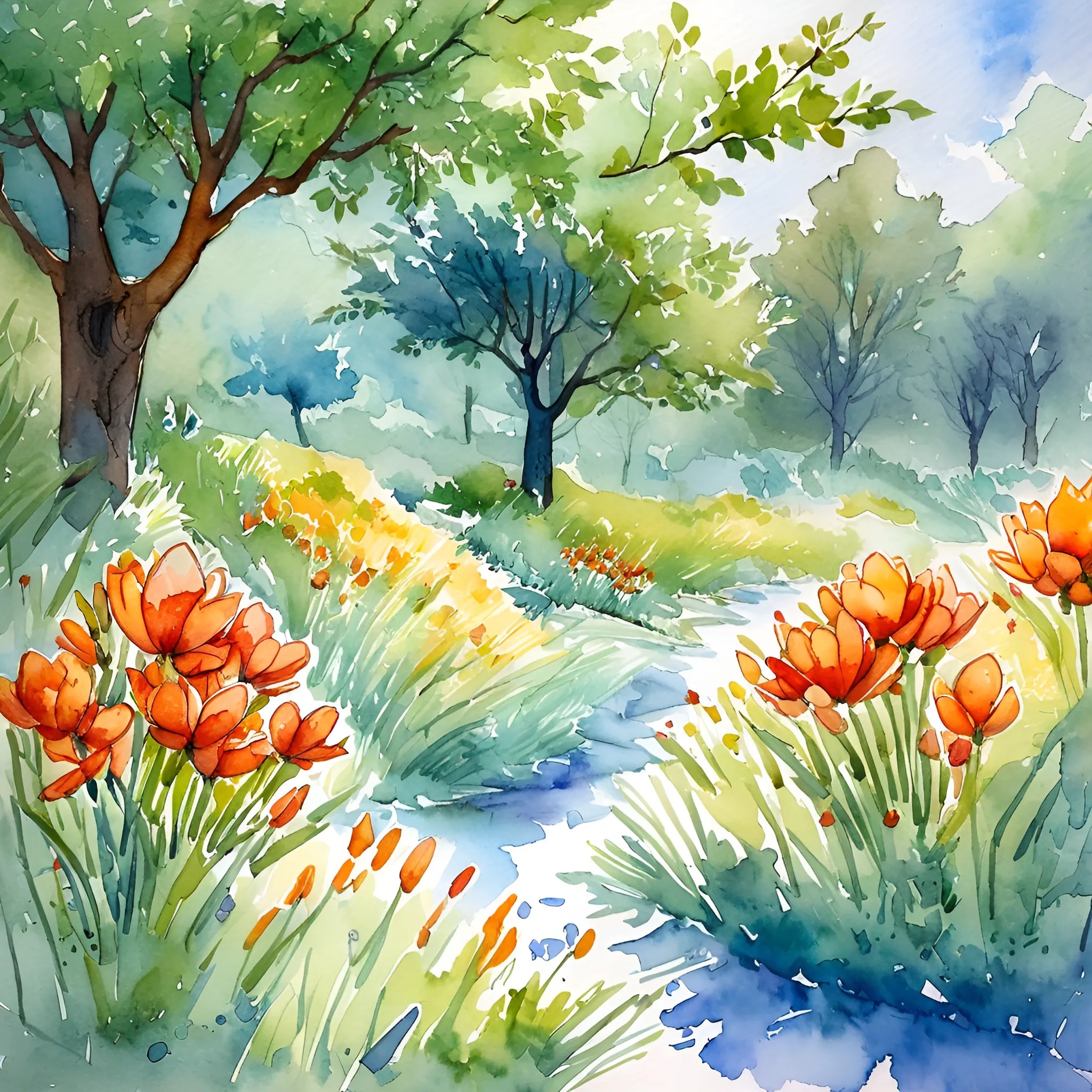 Watercolour Reference Spring Watercolor Spring Landscape with Orange Flowers - Free Download - AI ...