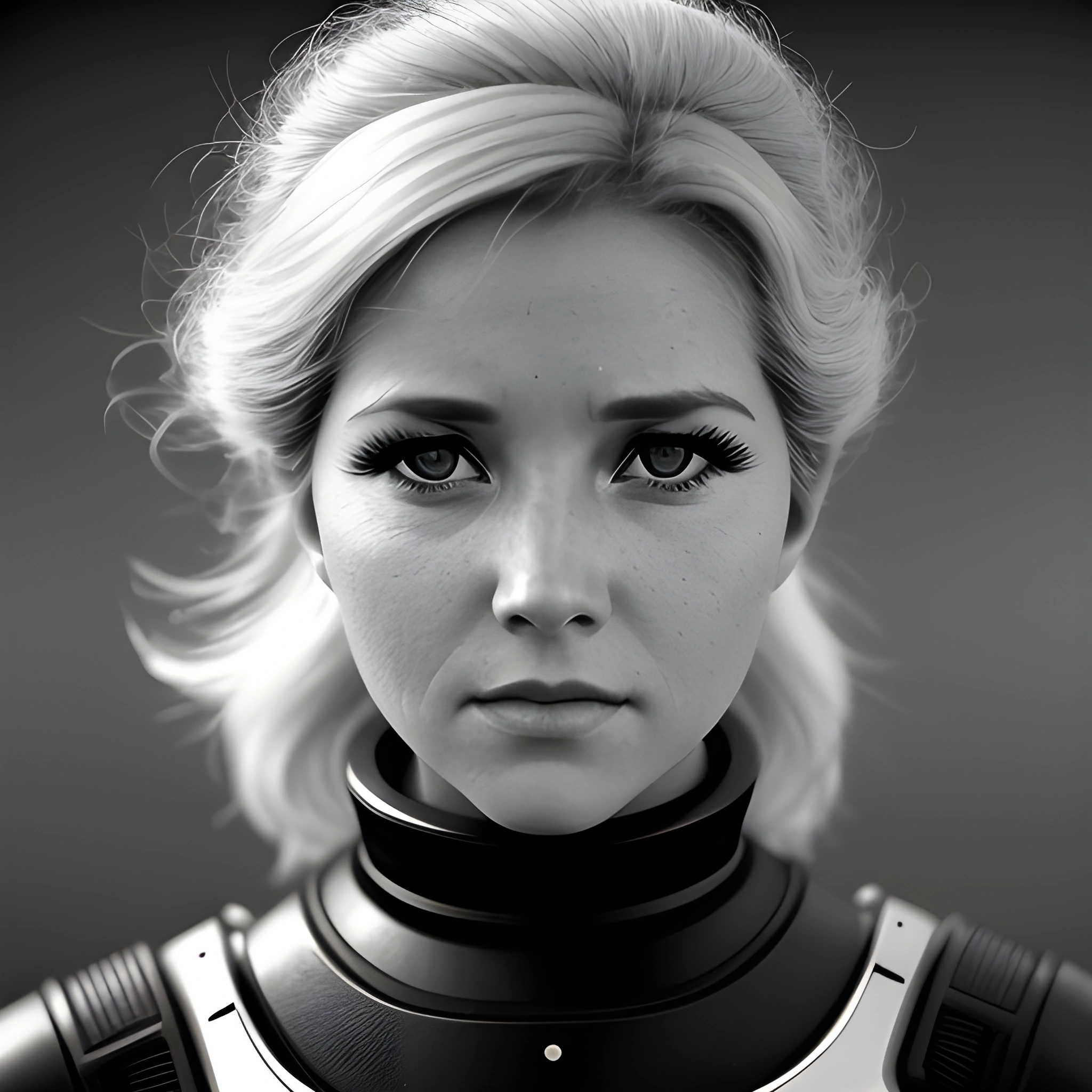 blond woman in black and white photo with collar and collar