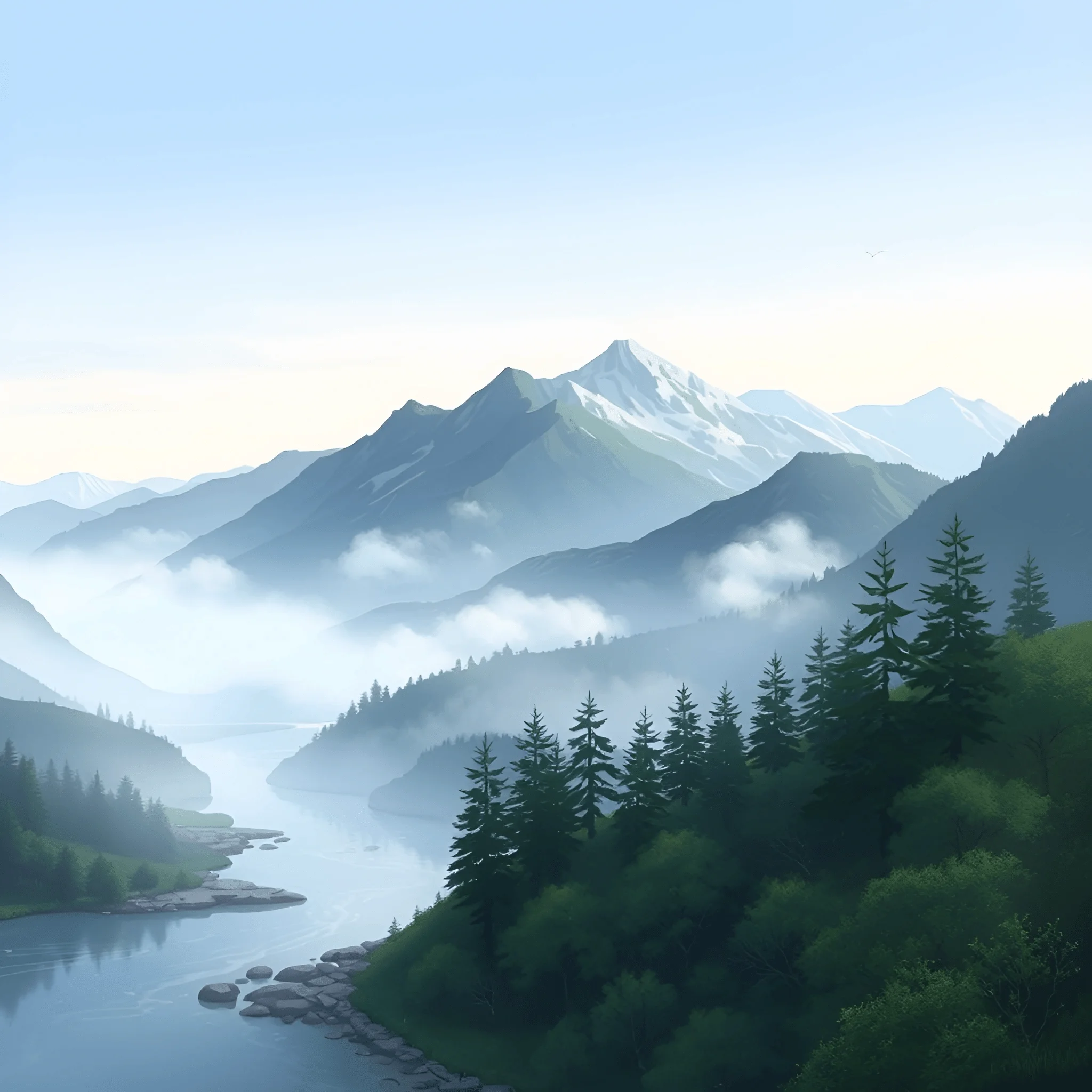 Mist Covered Mountain River Landscape - Free Download - AI Scribbles