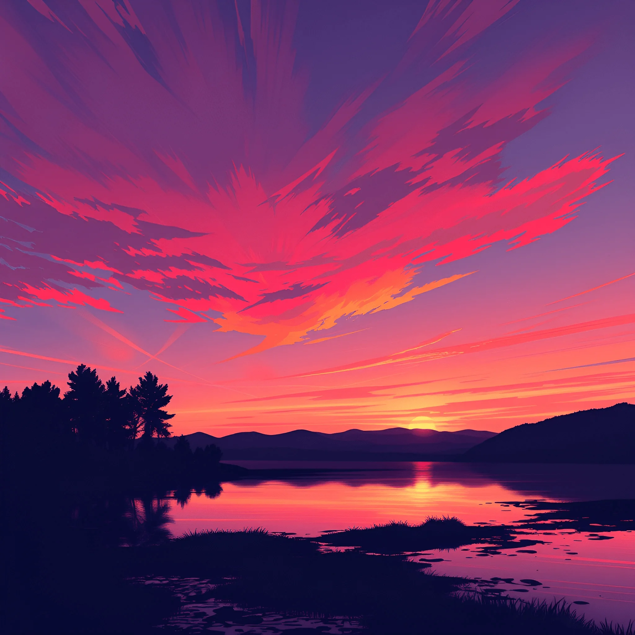 Vivid Sunset Over Serene Lake With Silhouetted Trees - Free Download ...