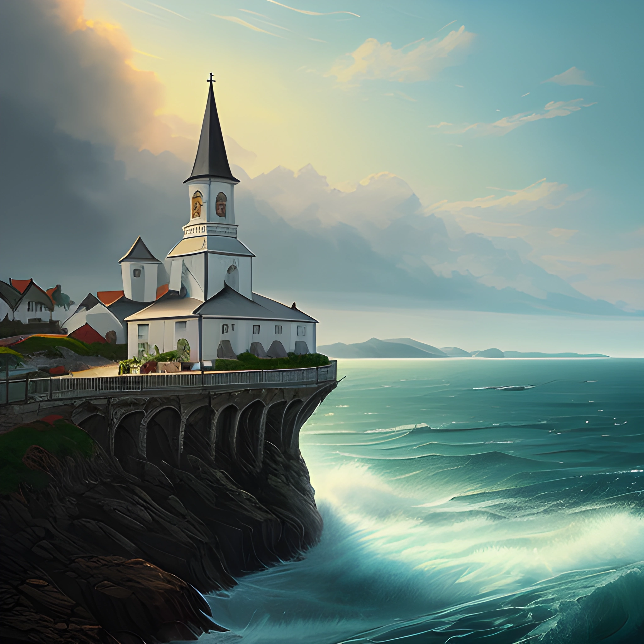 painting of a church on a cliff overlooking the ocean