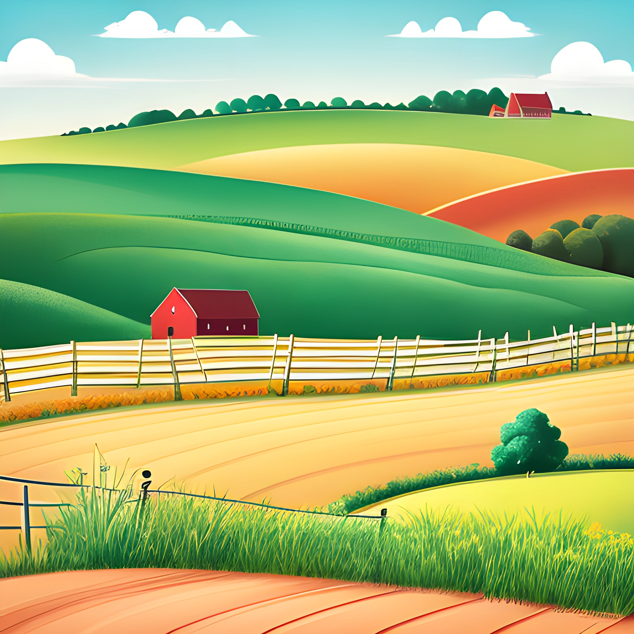 a farm scene with a red barn and a fence