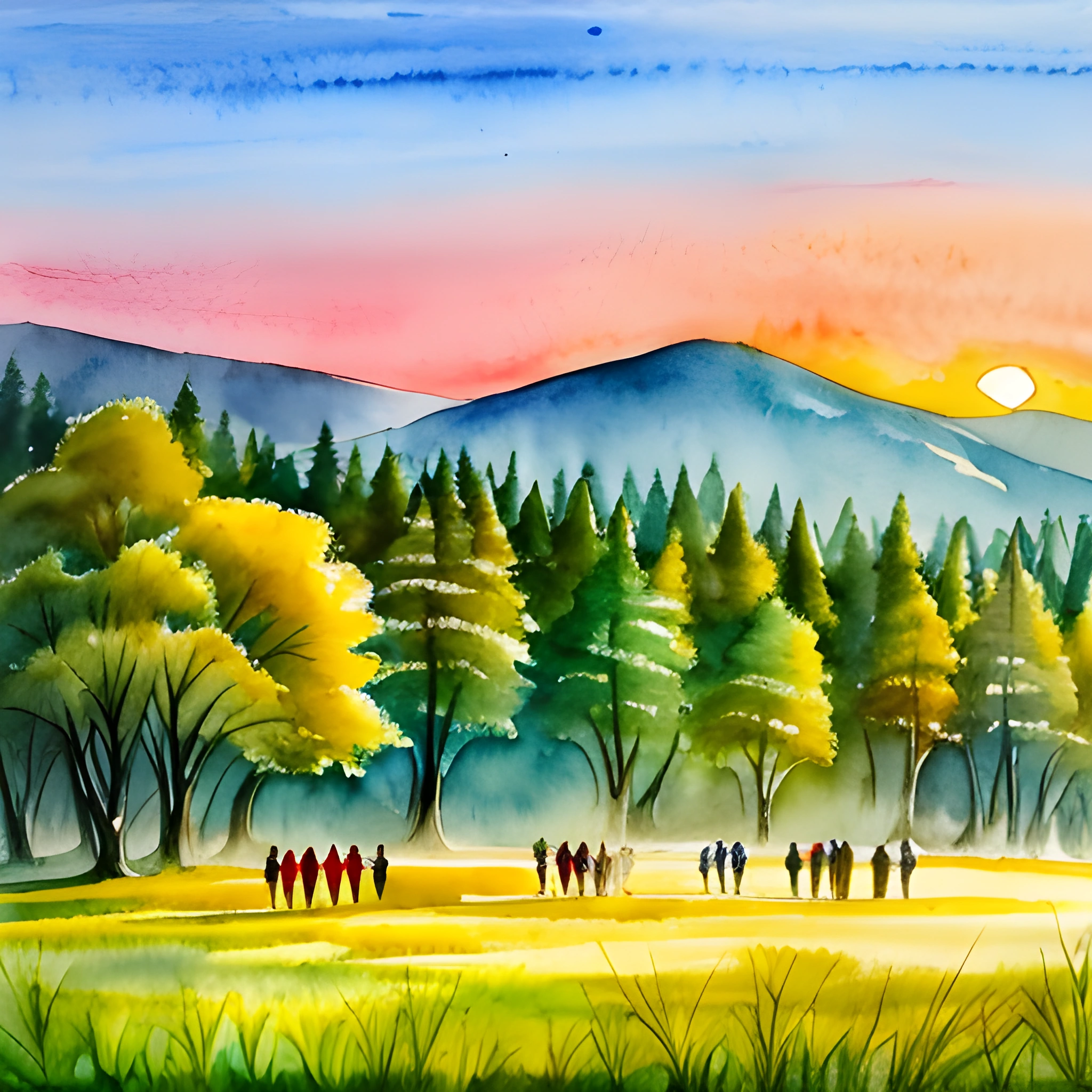 painting of a group of people walking in a field with trees