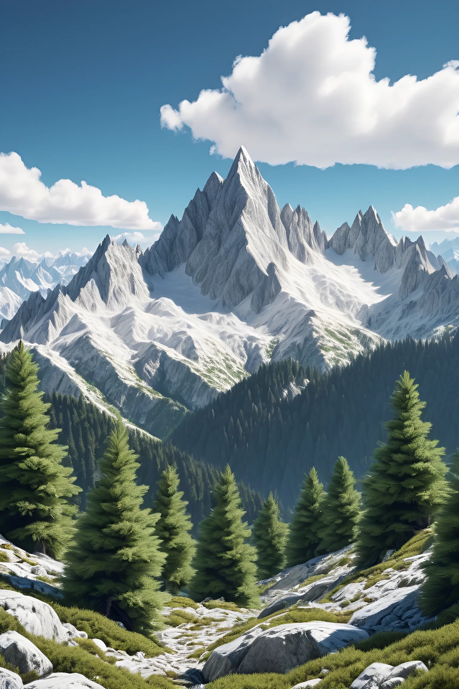 Snow-Capped Mountain Range with Pine Forest - Free Download - AI Scribbles
