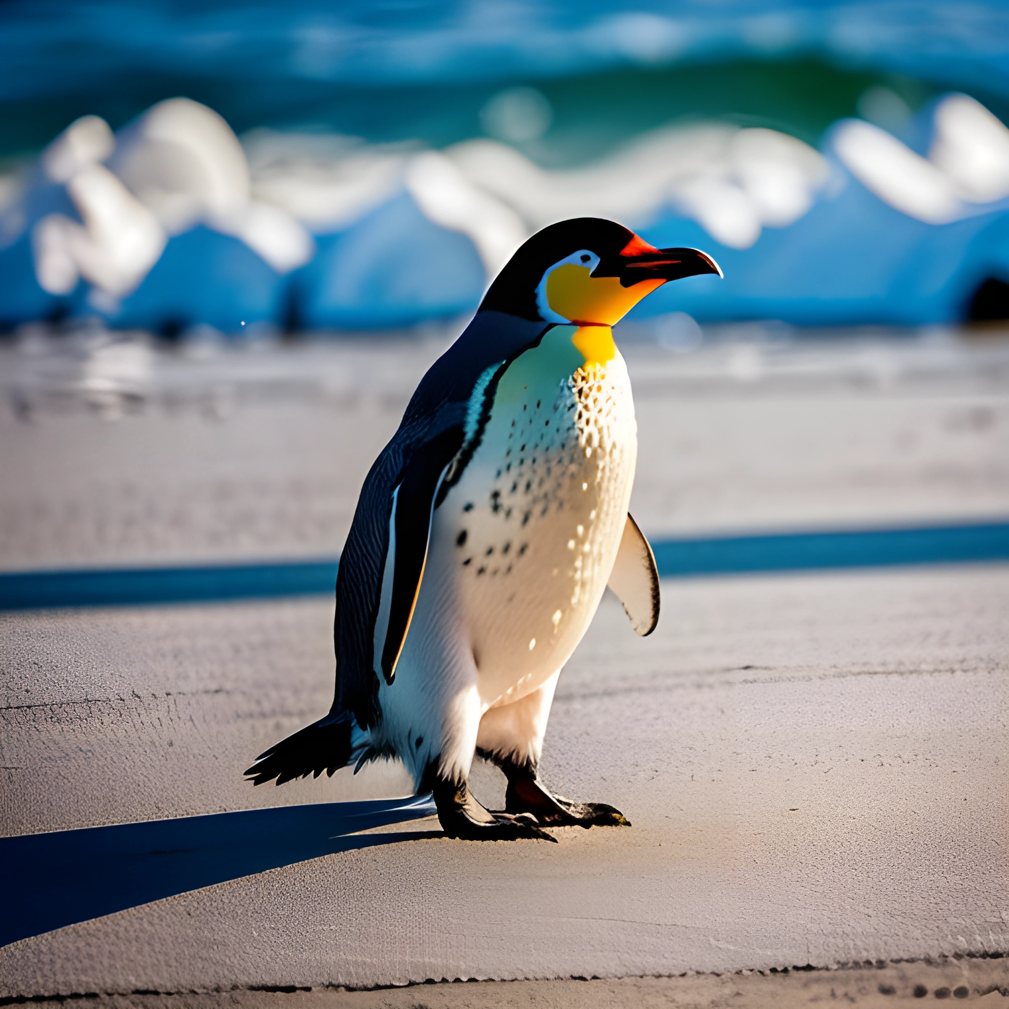 a penguin standing on the beach with a blue ocean in the background