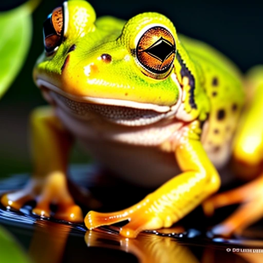 a close up of a frog sitting on top of a leaf covered surface