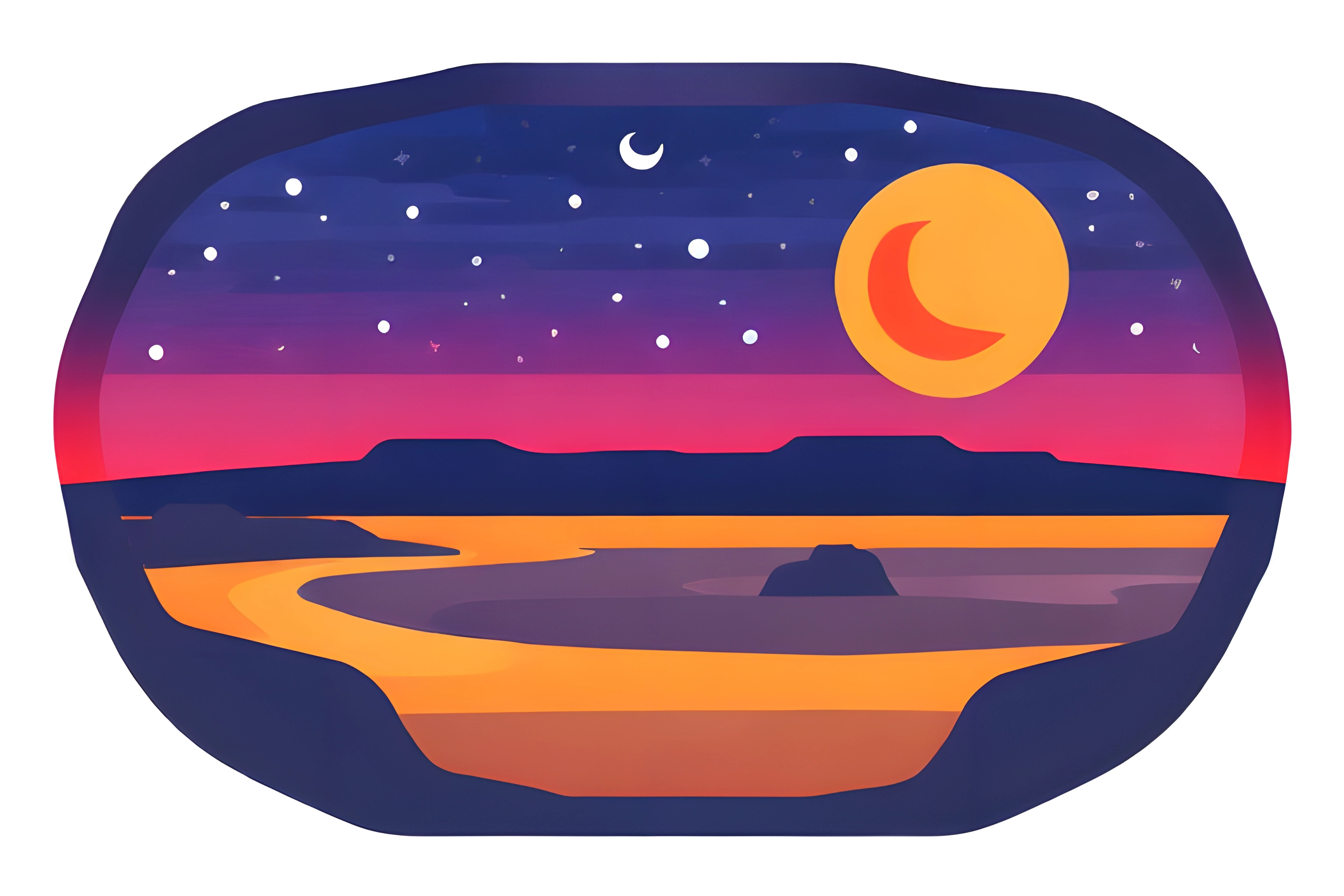 a view of a desert landscape with a crescent and a moon