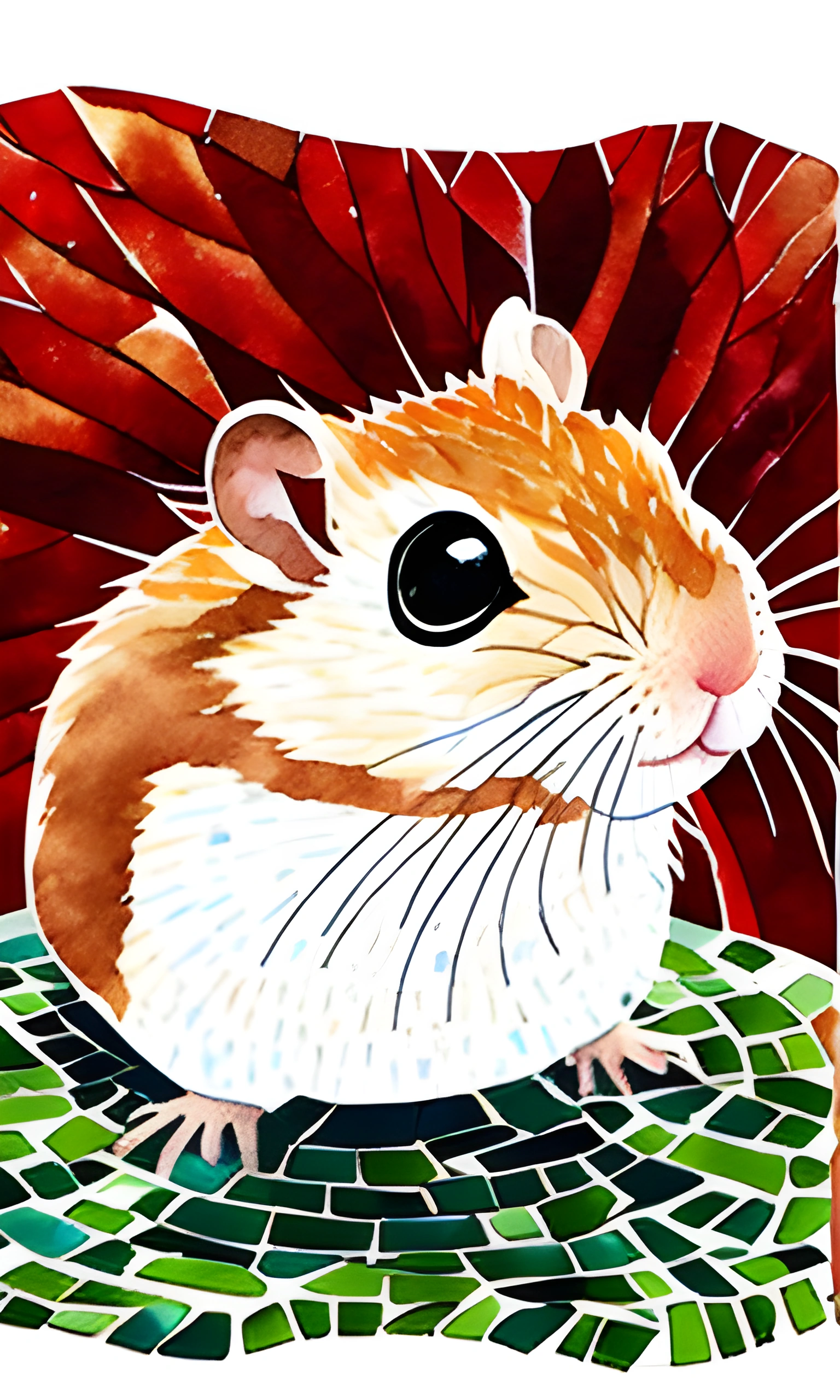 painting of a hamster with a red background and green leaves
