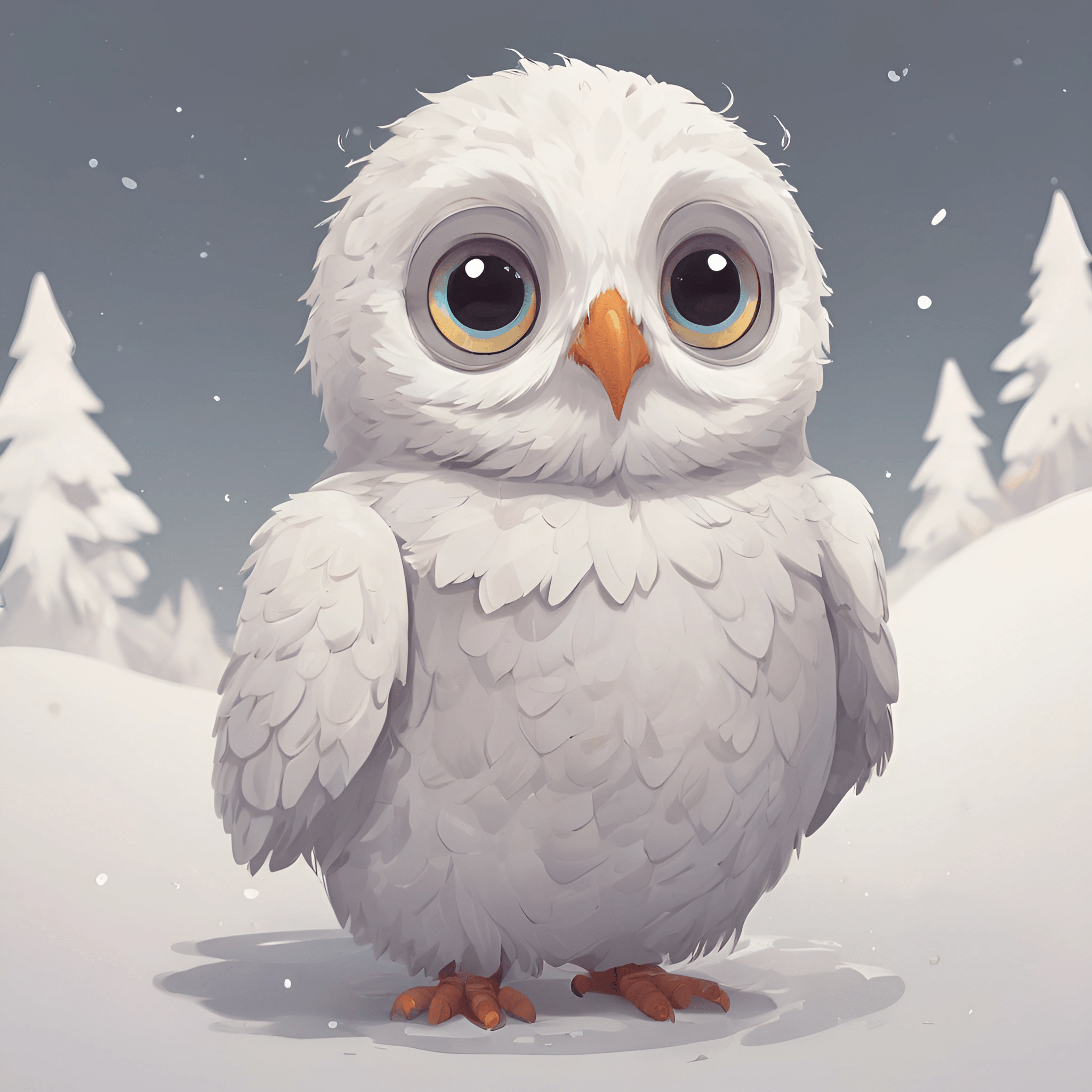 a white owl with big eyes standing in the snow