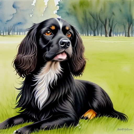 painting of a black and white dog laying in a field