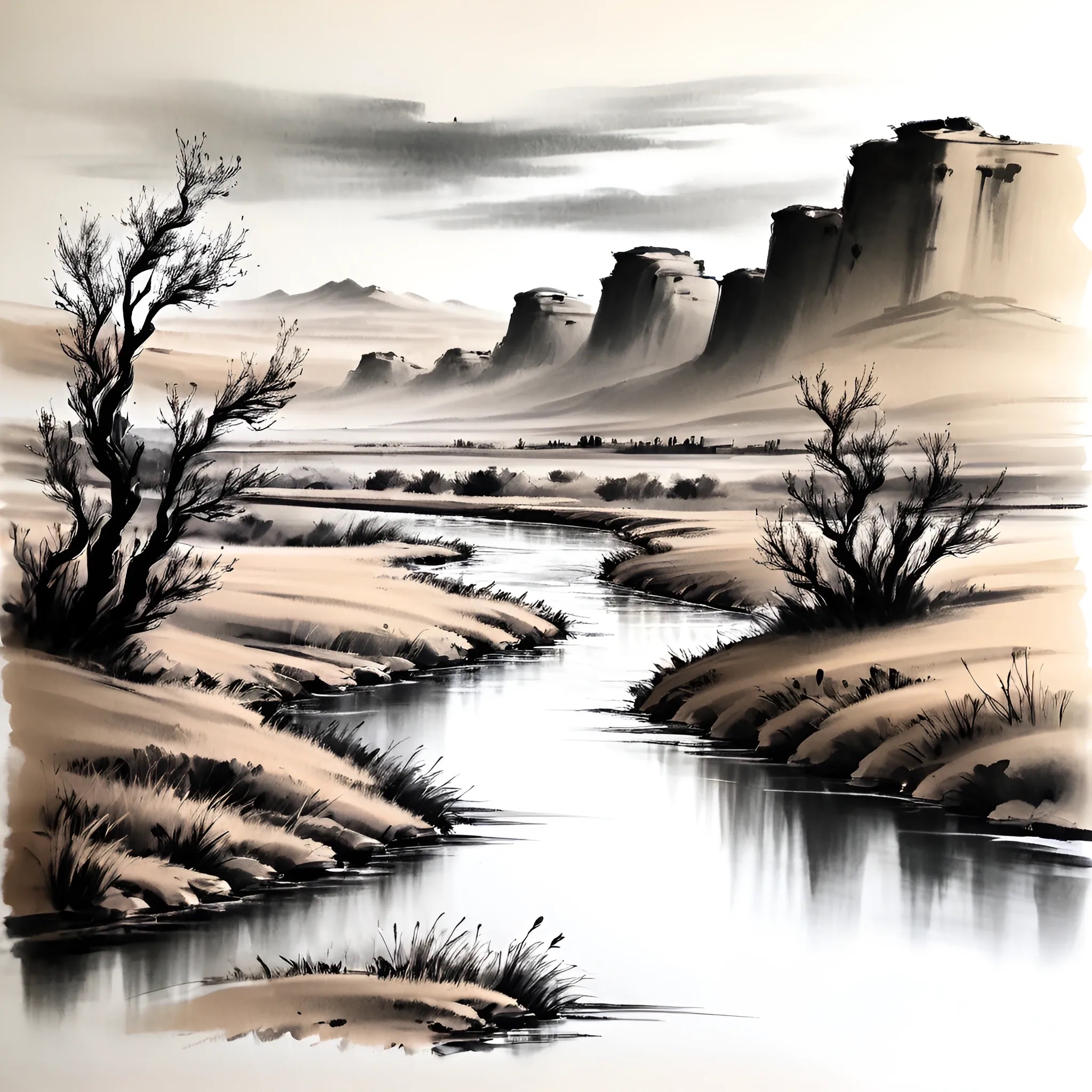 Serene Black and White Landscape with River - Free Download - AI Scribbles