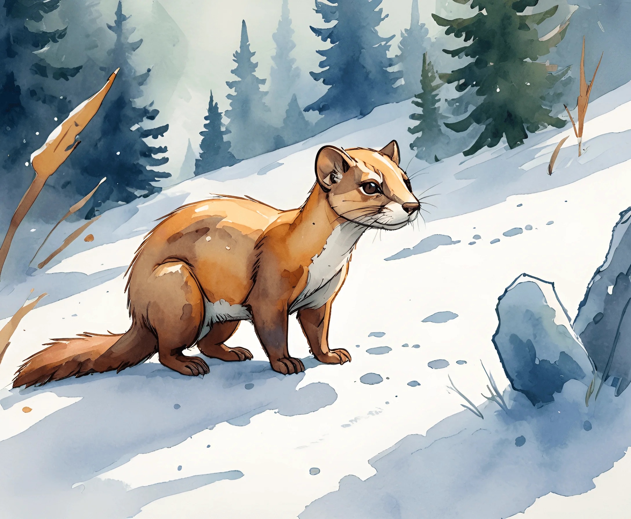 Watercolor Illustration of a Stoat in a Snowy Landscape - Free Download ...