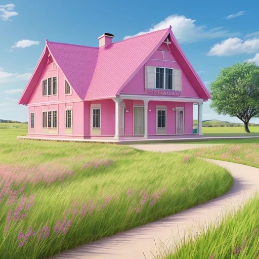 a cartoon house in a field with a path leading to it