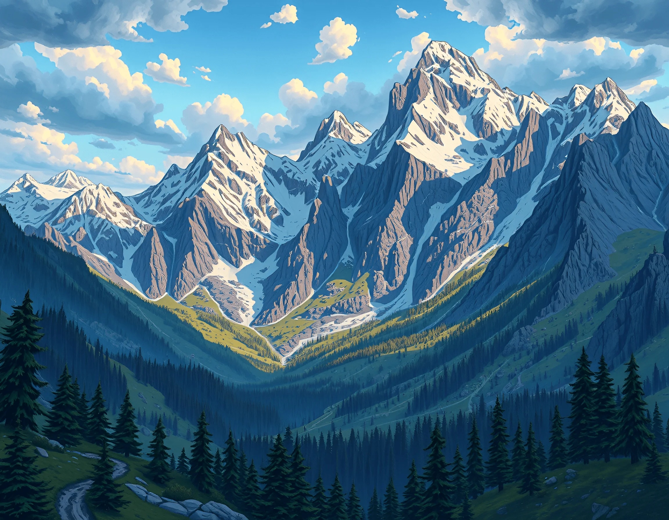Snow-Capped Mountain Range with Pine Forest Valley - Free Download - AI ...