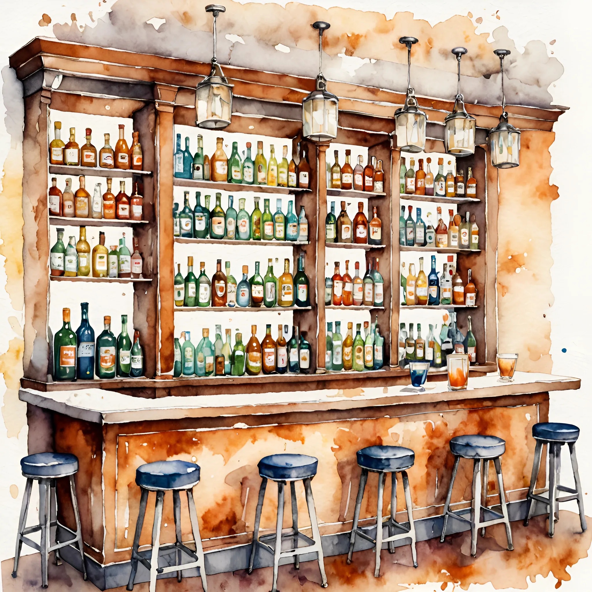 Watercolor Illustration of a Bar with Bottled Spirits - Free Download ...