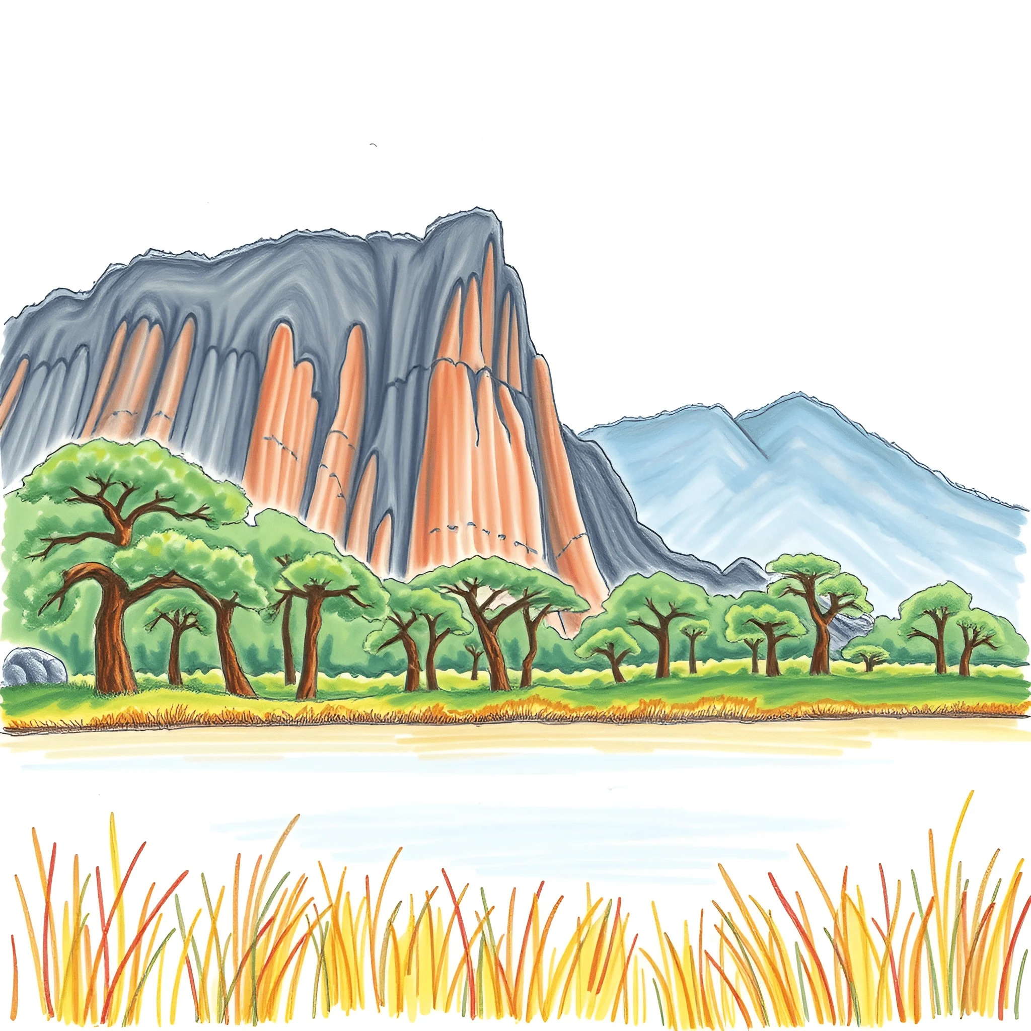 Illustrated Mountain Landscape with Trees and Grass - Free Download ...