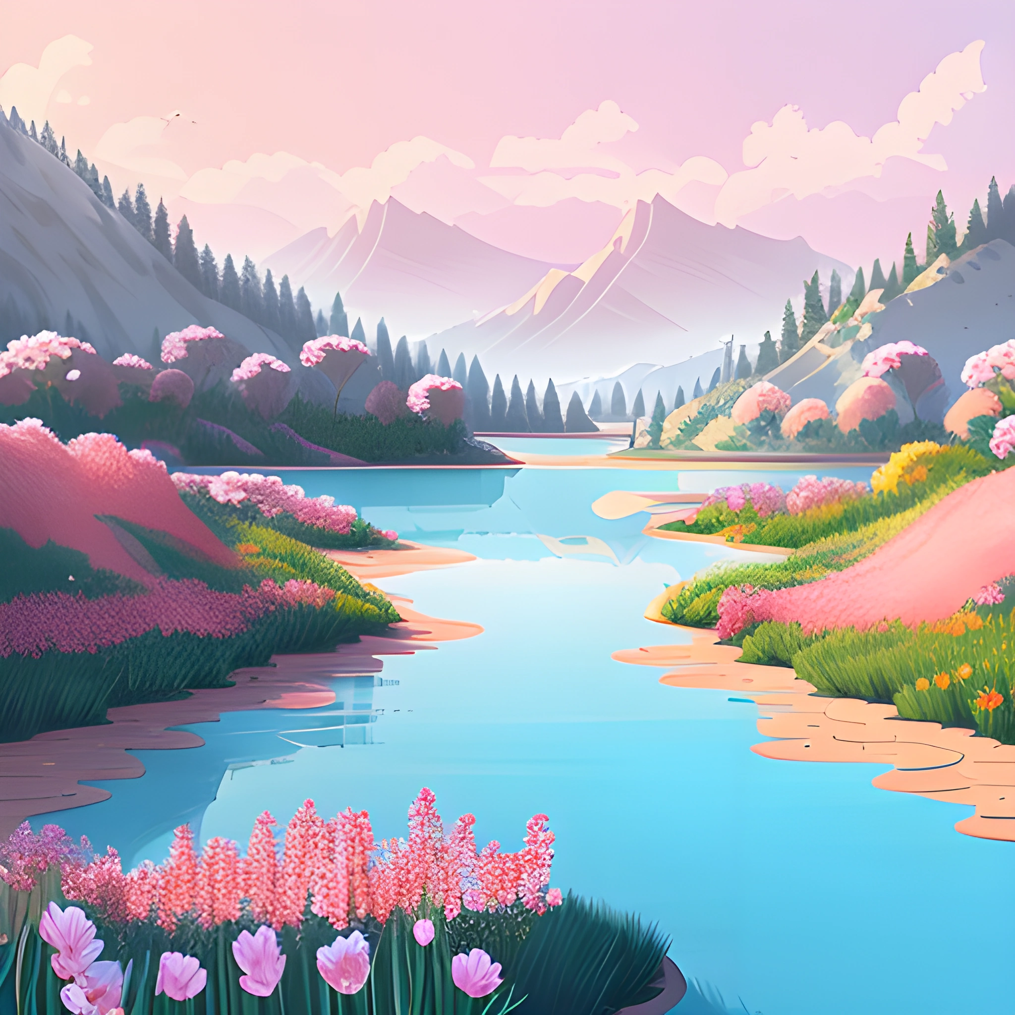 a painting of a river with flowers in the foreground