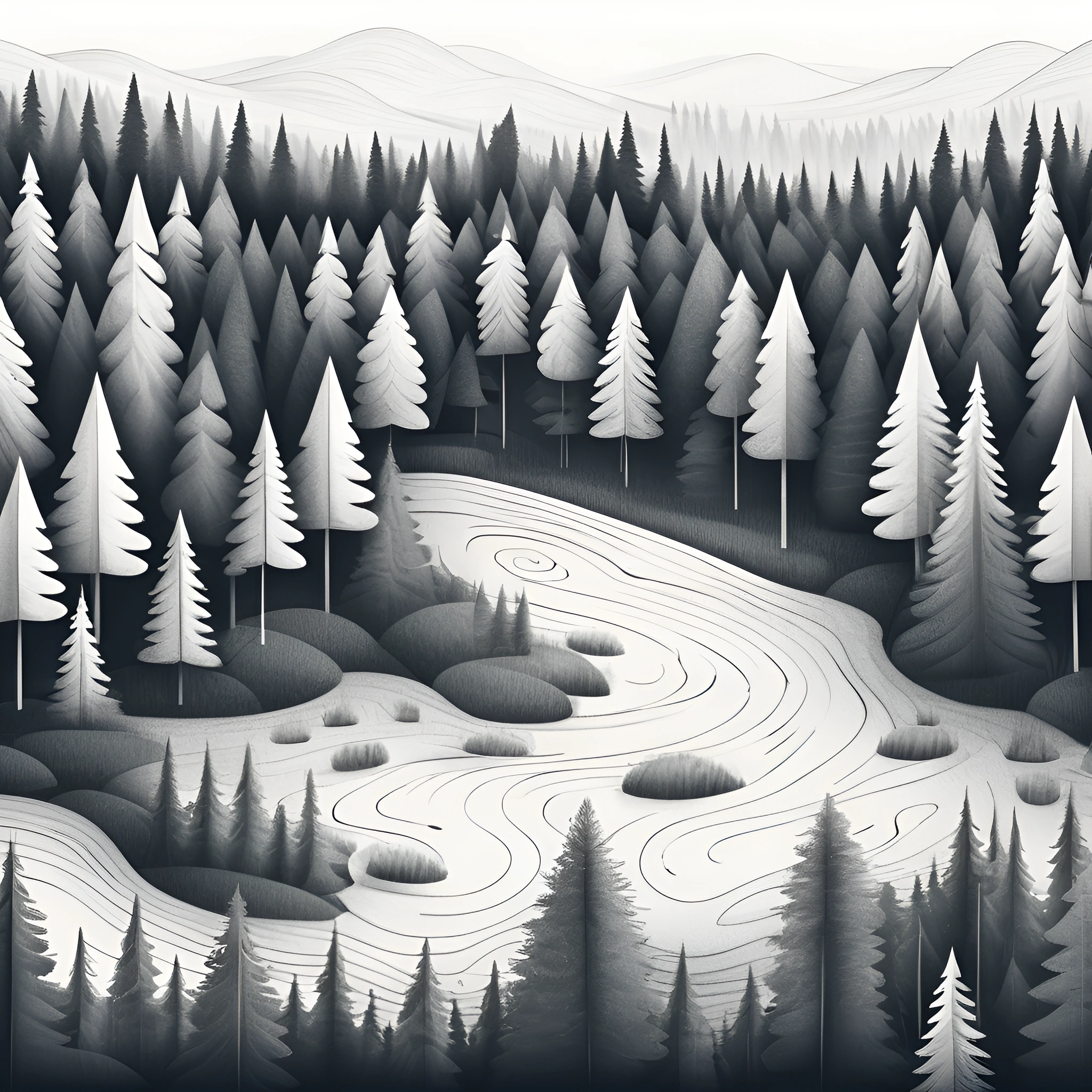 a black and white illustration of a river in the woods