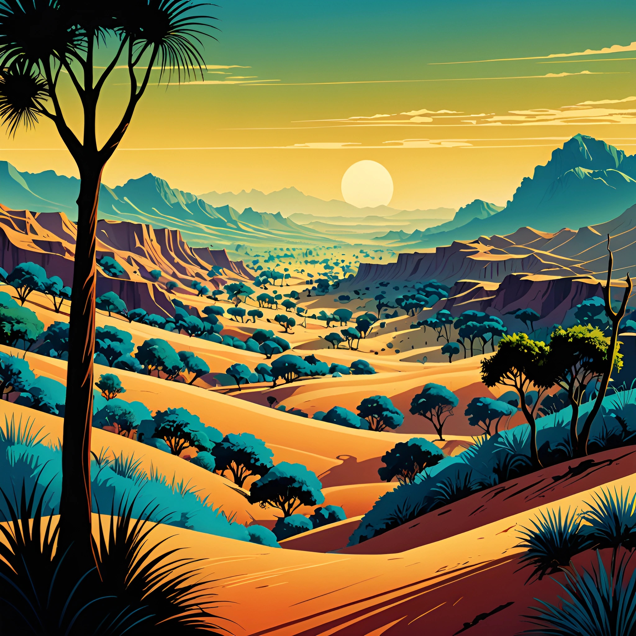 Stylized Sun Rise Stylized Desert Landscape at Sunrise - Free Download - AI Scribbles