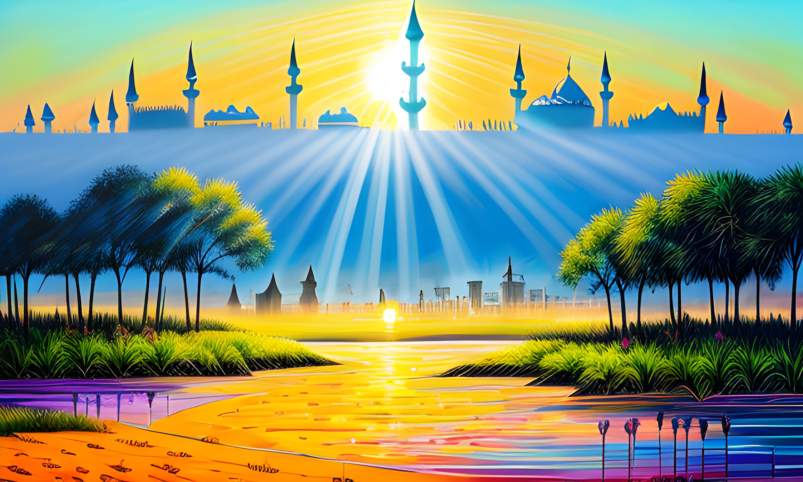 painting of a sunset over a river with a mosque in the background