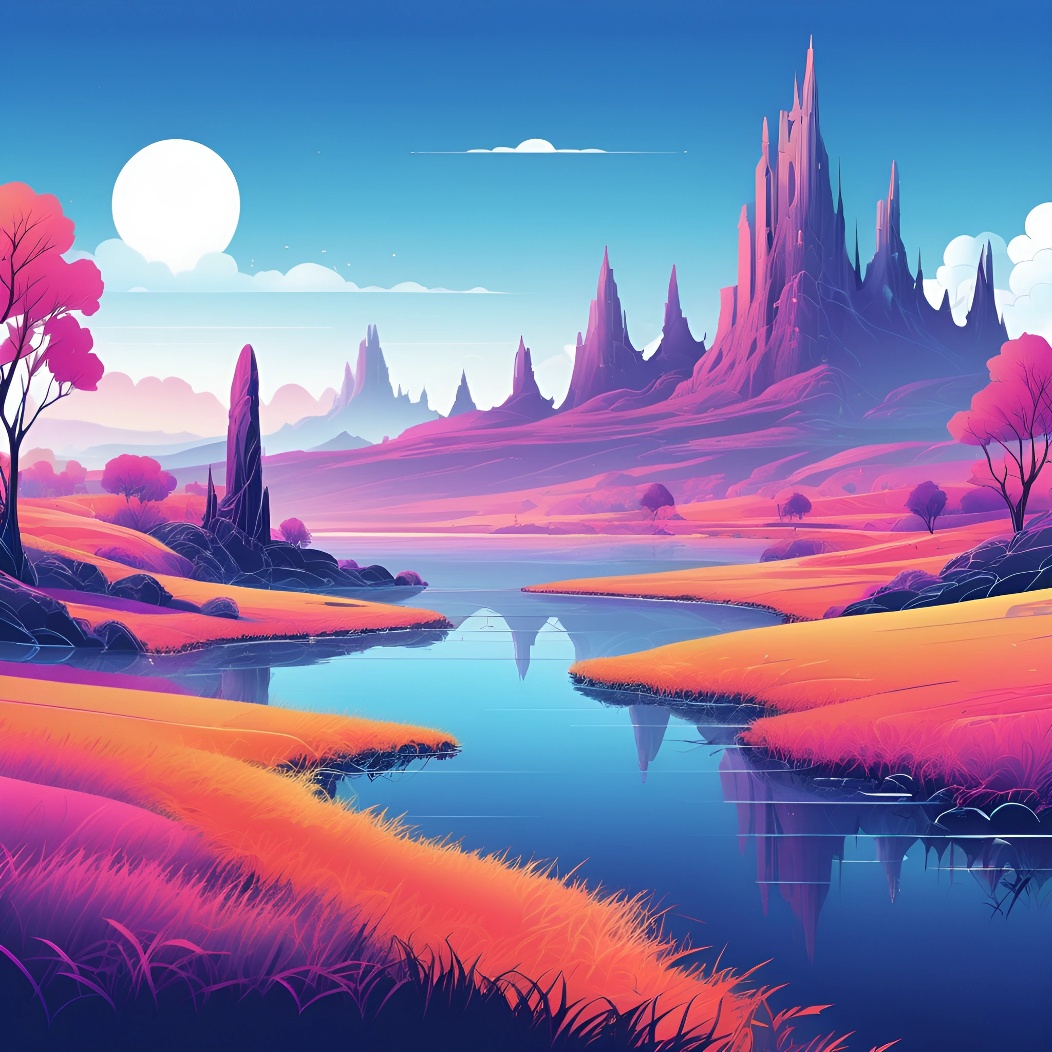Vibrant Fantasy Landscape with River - Free Download - AI Scribbles