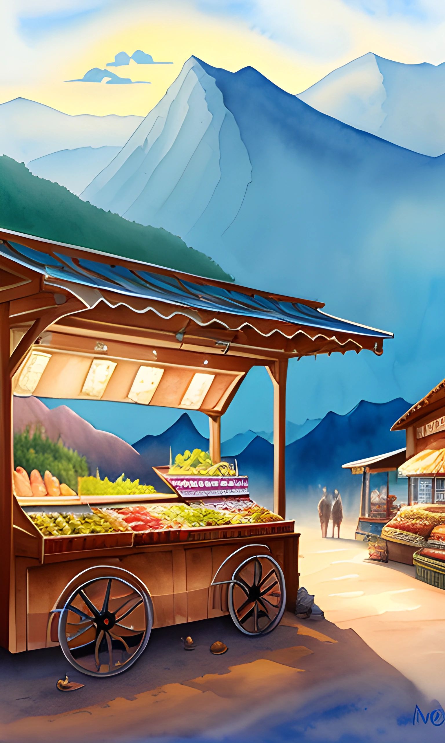 painting of a fruit stand with a mountain in the background