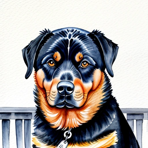 painting of a dog sitting on a bench with a tag on it