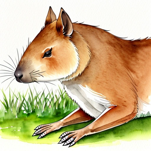 painting of a brown and white rat sitting on the ground